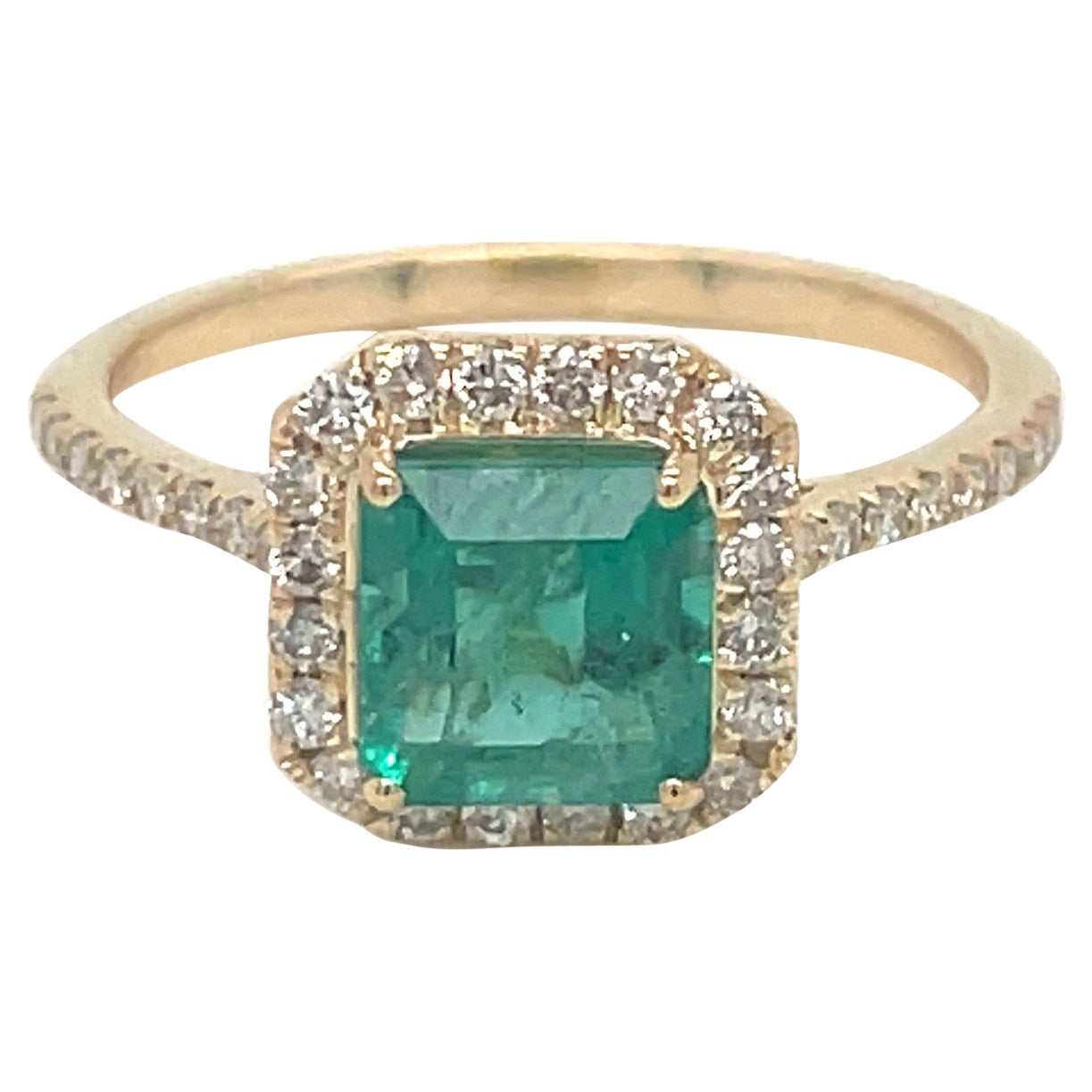 1.40 Carat Octagon Cut Emerald Ring with Diamonds in 10k Yellow Gold For Sale