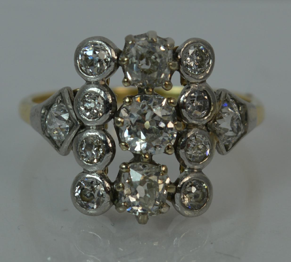 1.40 Carat Old Cut Diamond 18 Carat Gold Panel Cluster Ring 2