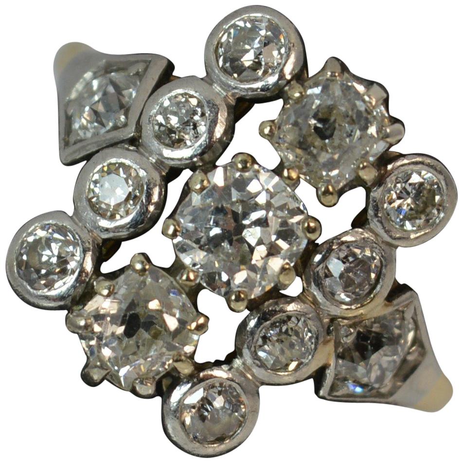 1.40 Carat Old Cut Diamond 18 Carat Gold Panel Cluster Ring