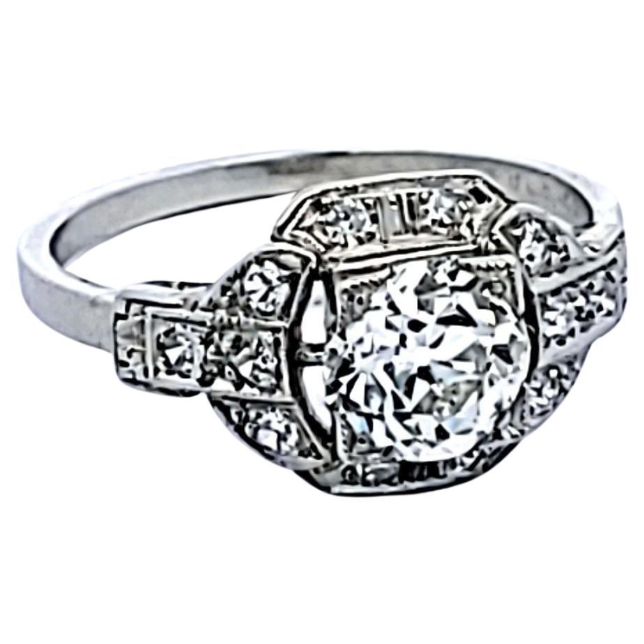 Bague de fiançailles en platine avec diamant européen et diamant rond brillant de 1,40 carat en vente