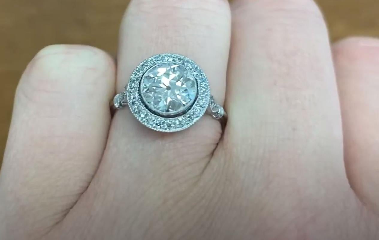 1.40 Carat Old European-Cut Diamond Engagement Ring, Diamond Halo, Platinum In Excellent Condition For Sale In New York, NY