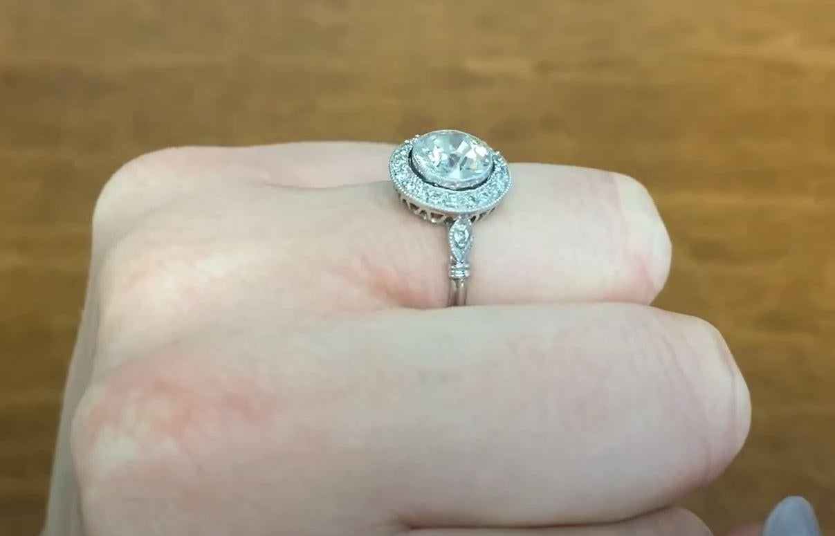 Women's 1.40 Carat Old European-Cut Diamond Engagement Ring, Diamond Halo, Platinum For Sale