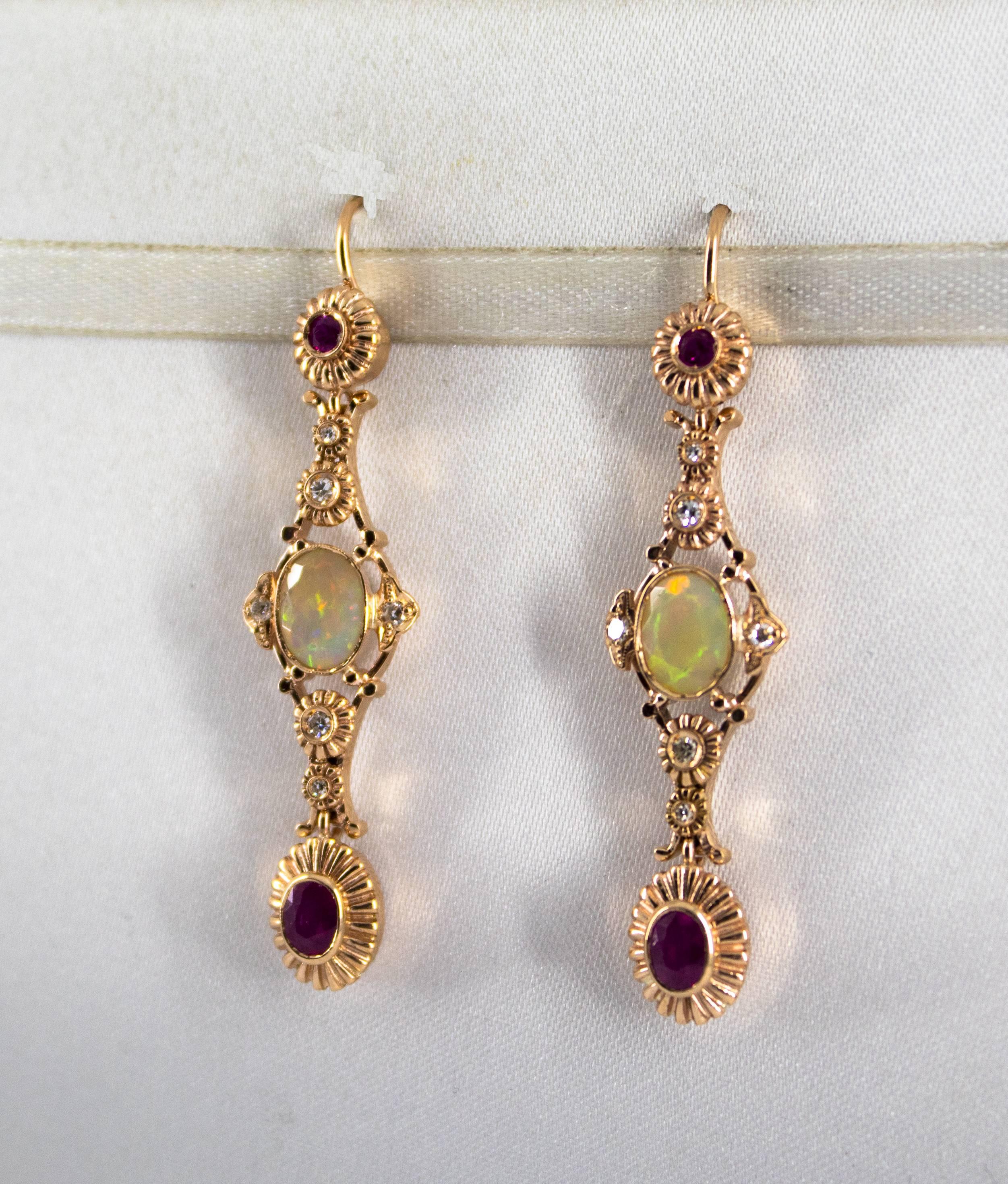 1.40 Carat Opal 1.30 Carat Ruby White Diamond Yellow Gold Drop Earrings In New Condition In Naples, IT