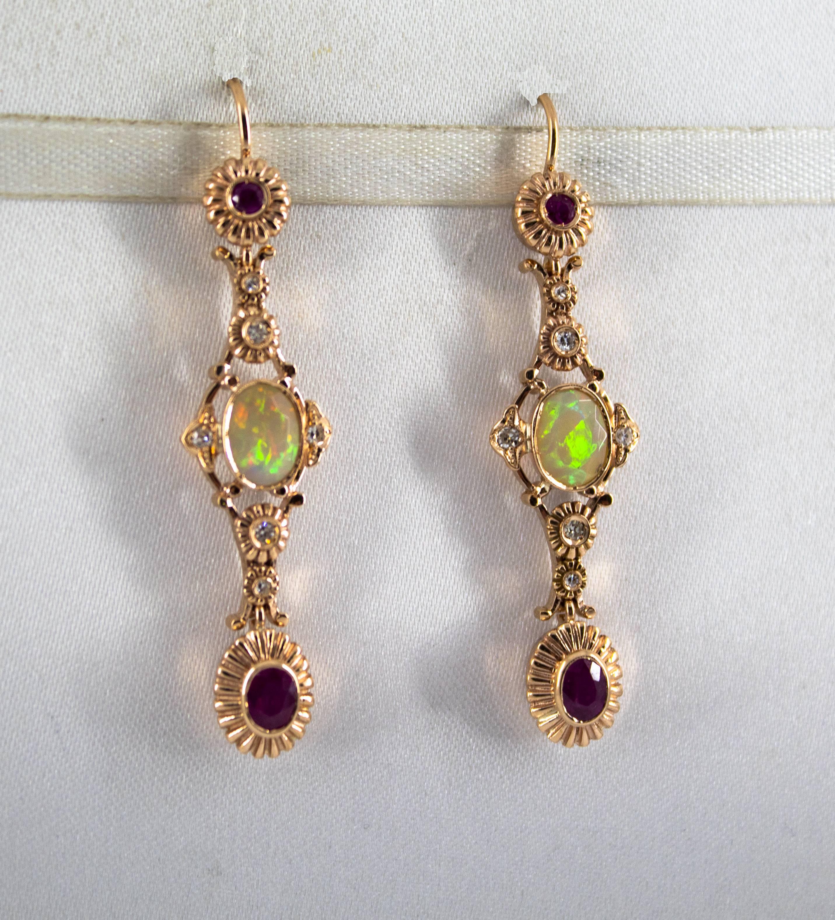 Women's or Men's 1.40 Carat Opal 1.30 Carat Ruby White Diamond Yellow Gold Drop Earrings
