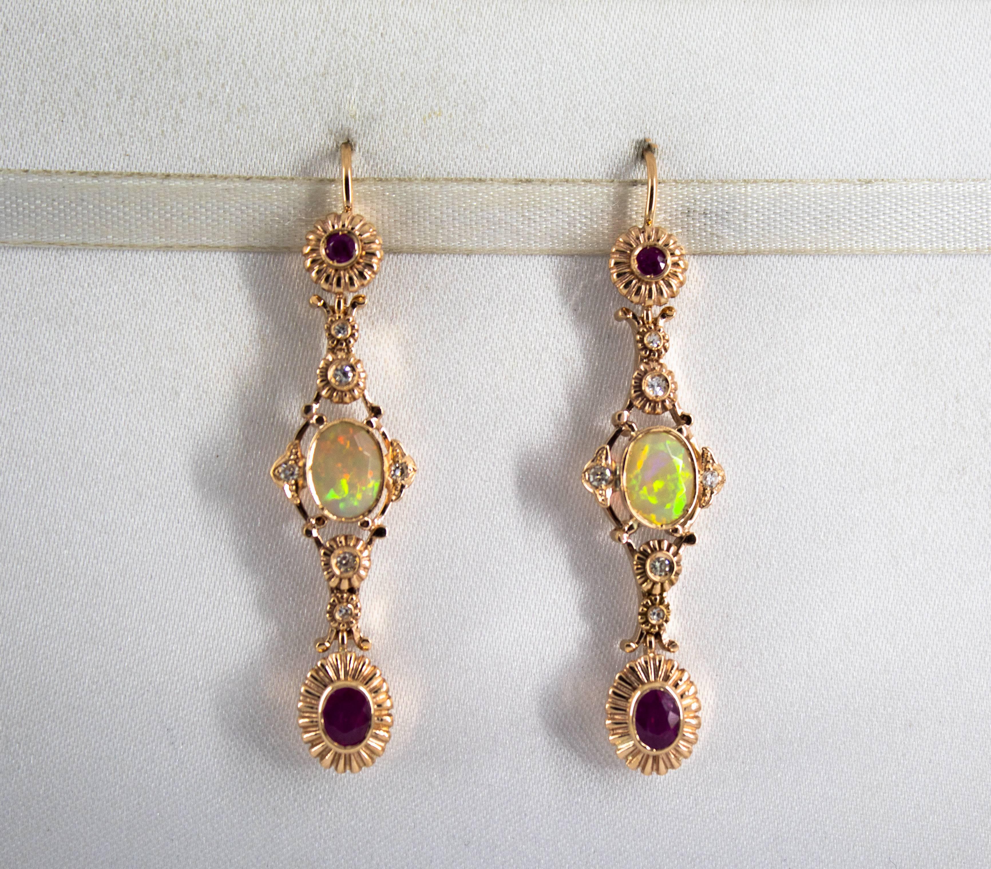 1.40 Carat Opal 1.30 Carat Ruby White Diamond Yellow Gold Drop Earrings 4