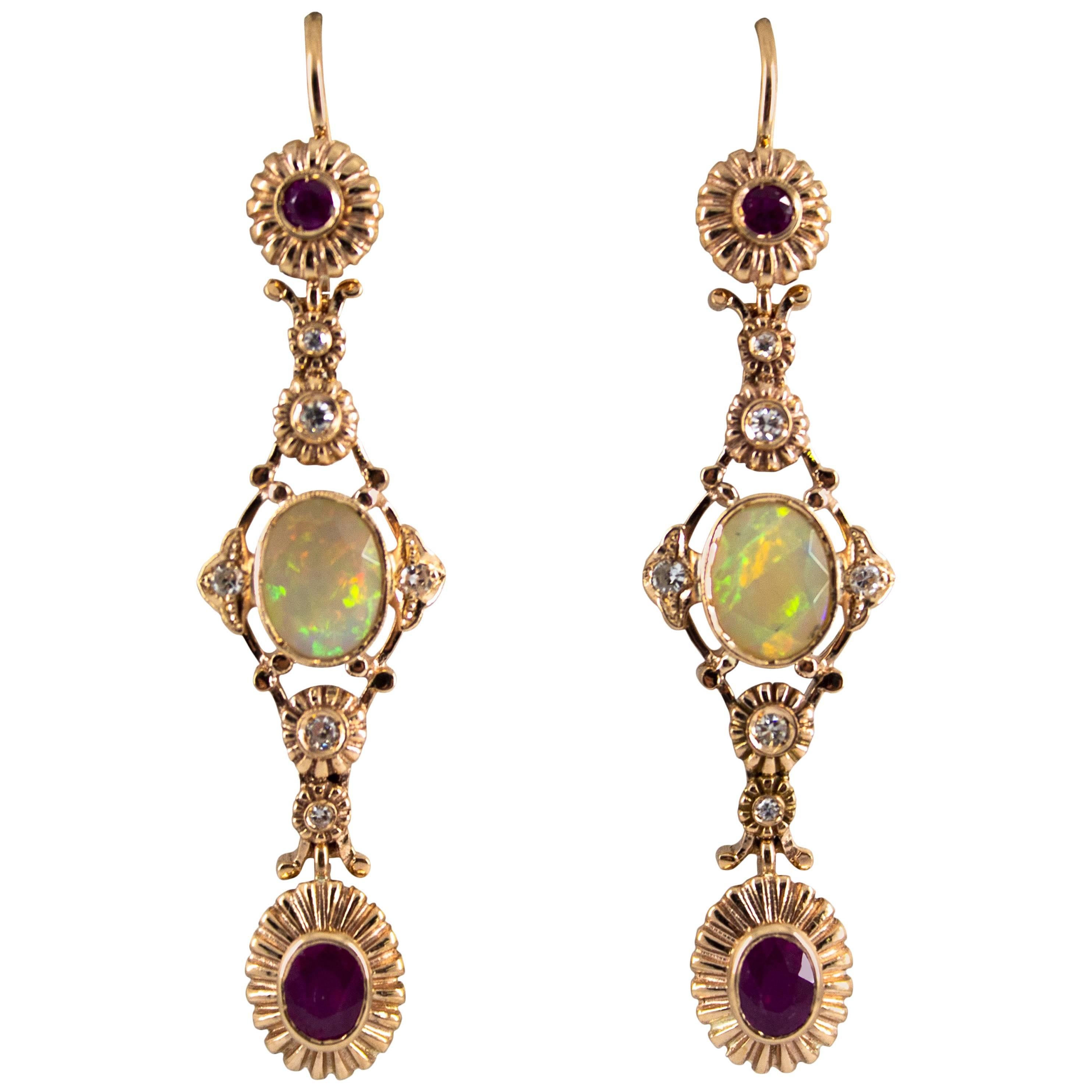 1.40 Carat Opal 1.30 Carat Ruby White Diamond Yellow Gold Drop Earrings