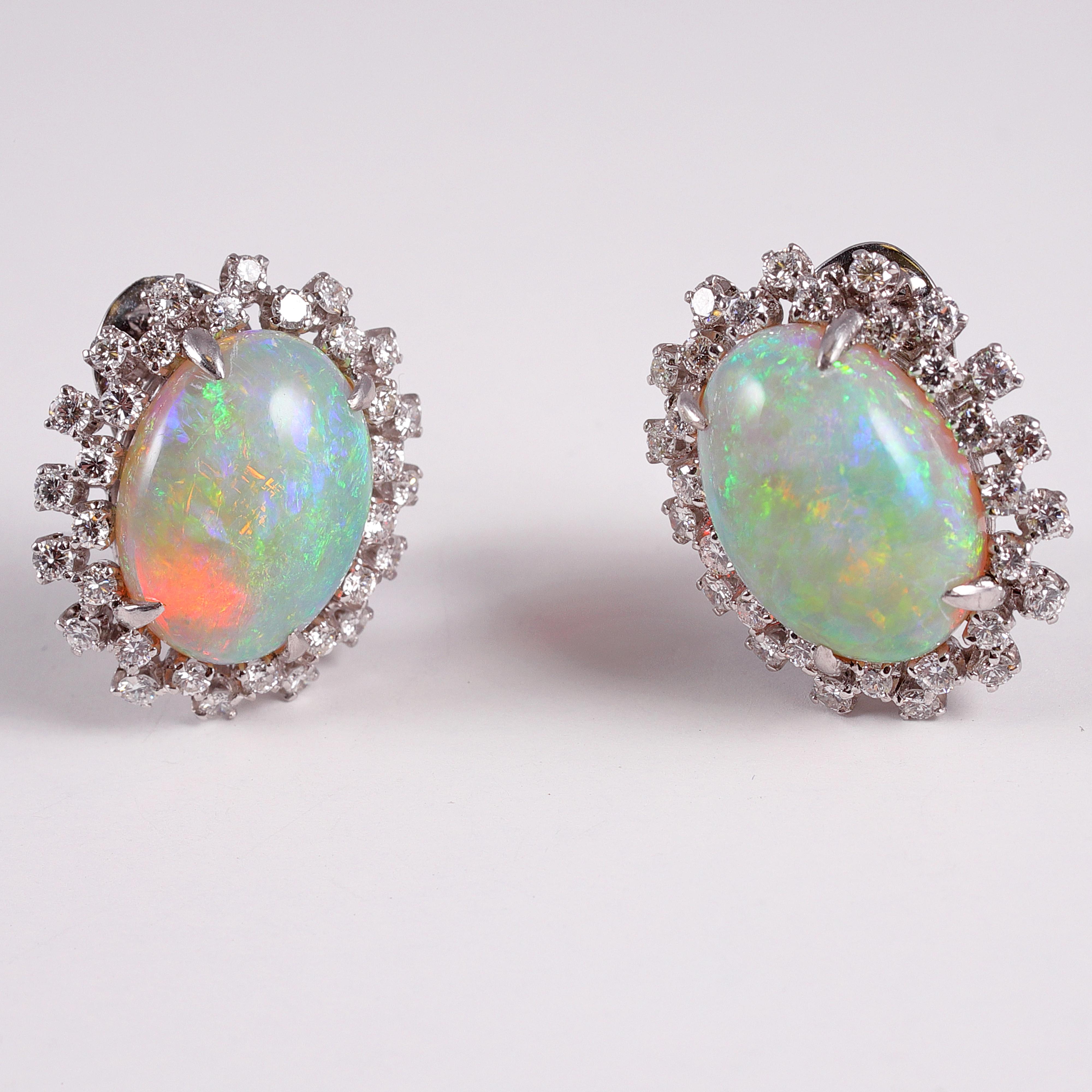 Round Cut 14 Carat Opal and 0.75 Carat Diamond Earrings For Sale