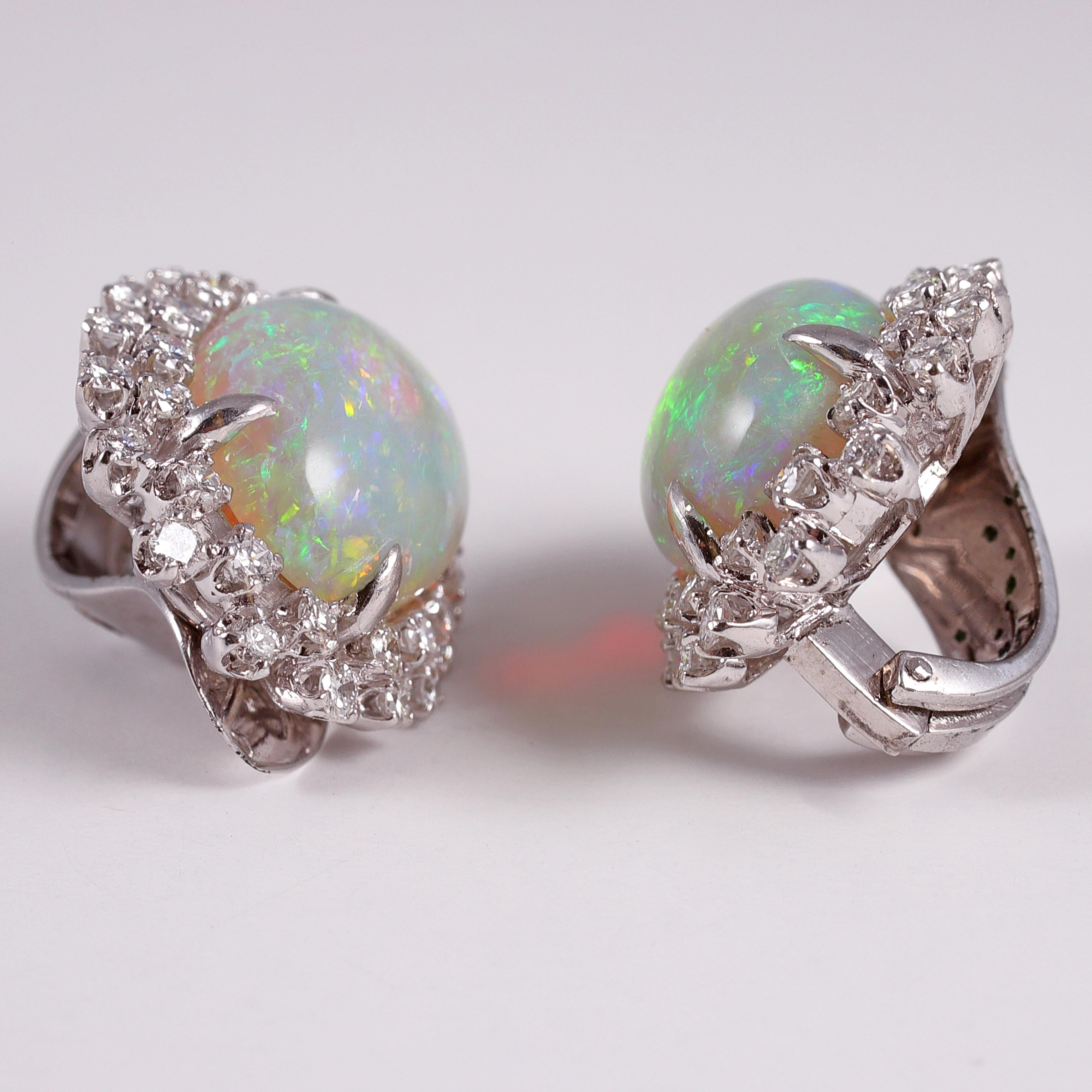 Women's or Men's 14 Carat Opal and 0.75 Carat Diamond Earrings For Sale