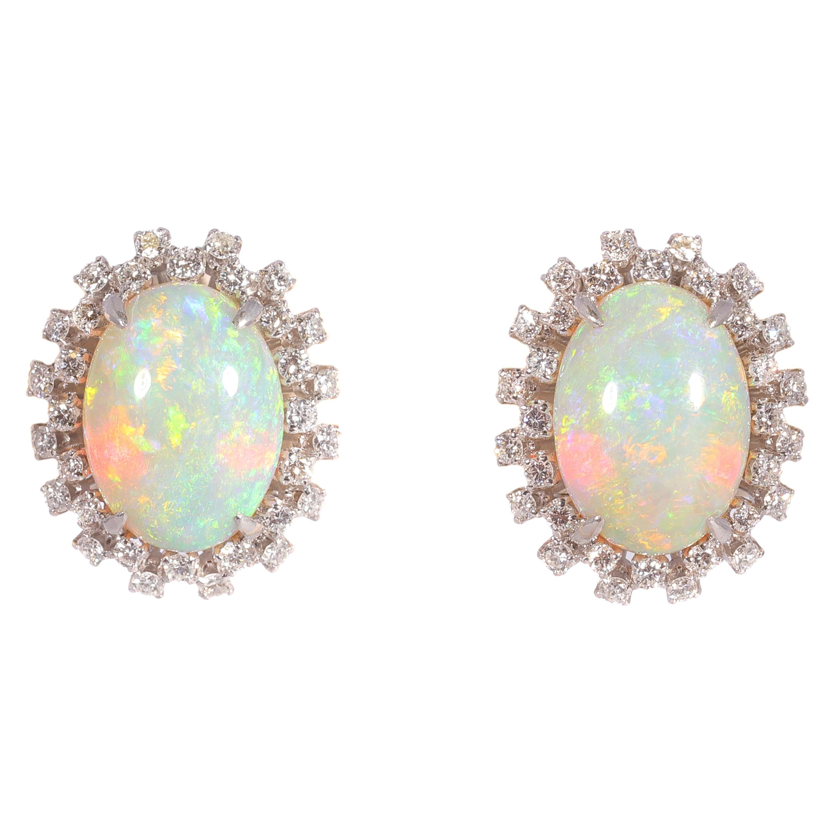 14 Carat Opal and 0.75 Carat Diamond Earrings For Sale