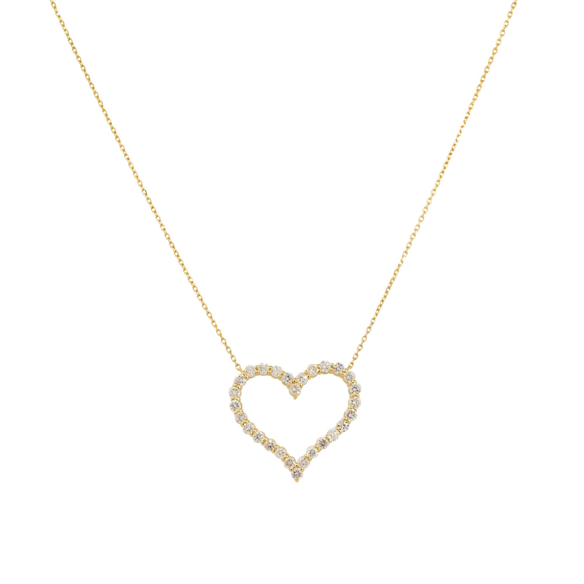 14k Yellow Gold 1.40ctw Open Heart Diamond Necklace

Material: 14k Yellow Gold
Diamond Details: Approximately 1.40ctw of Round Diamonds. There are 28 Diamonds total
Measurements: Necklace Measures 16.5″ in Length
Fastening: Spring Ring Clasp
Item