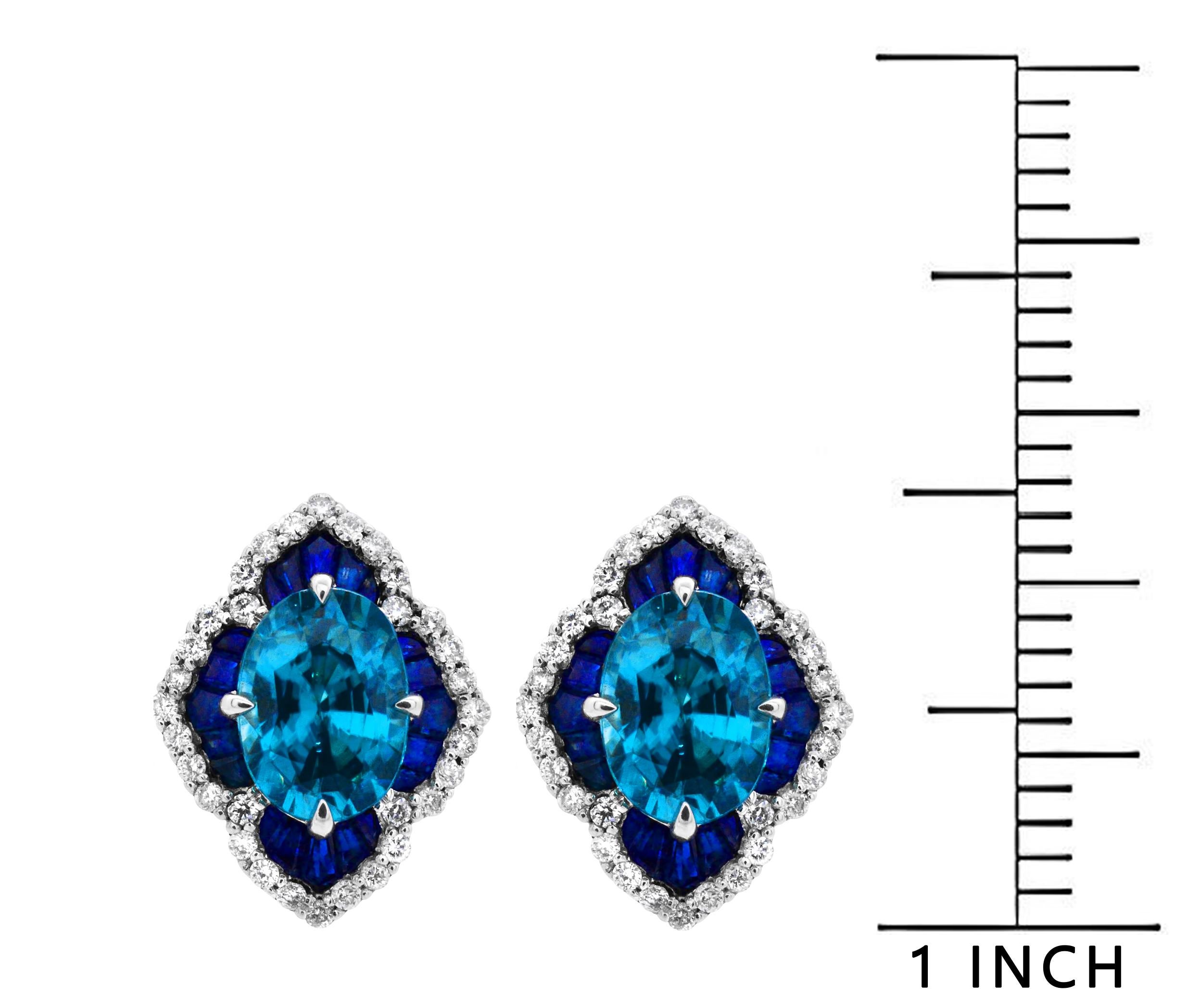 1.40 Carat Oval Blue Zircon Sapphire 14Karat White Gold Scalloped Stud Earrings In New Condition In New York, NY