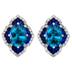 1.40 Carat Oval Blue Zircon Sapphire 14Karat White Gold Scalloped Stud Earrings