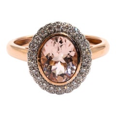 1.40 Carat Oval Pink Morganite and Diamond Halo Cluster 9 Carat Rose Gold Ring