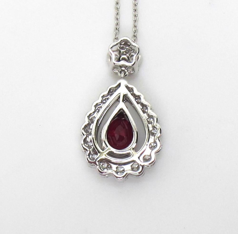 Artisan 1.40 ct. Pigeon's Blood Ruby, Diamond Halo 18k White Gold Drop Pendant Necklace