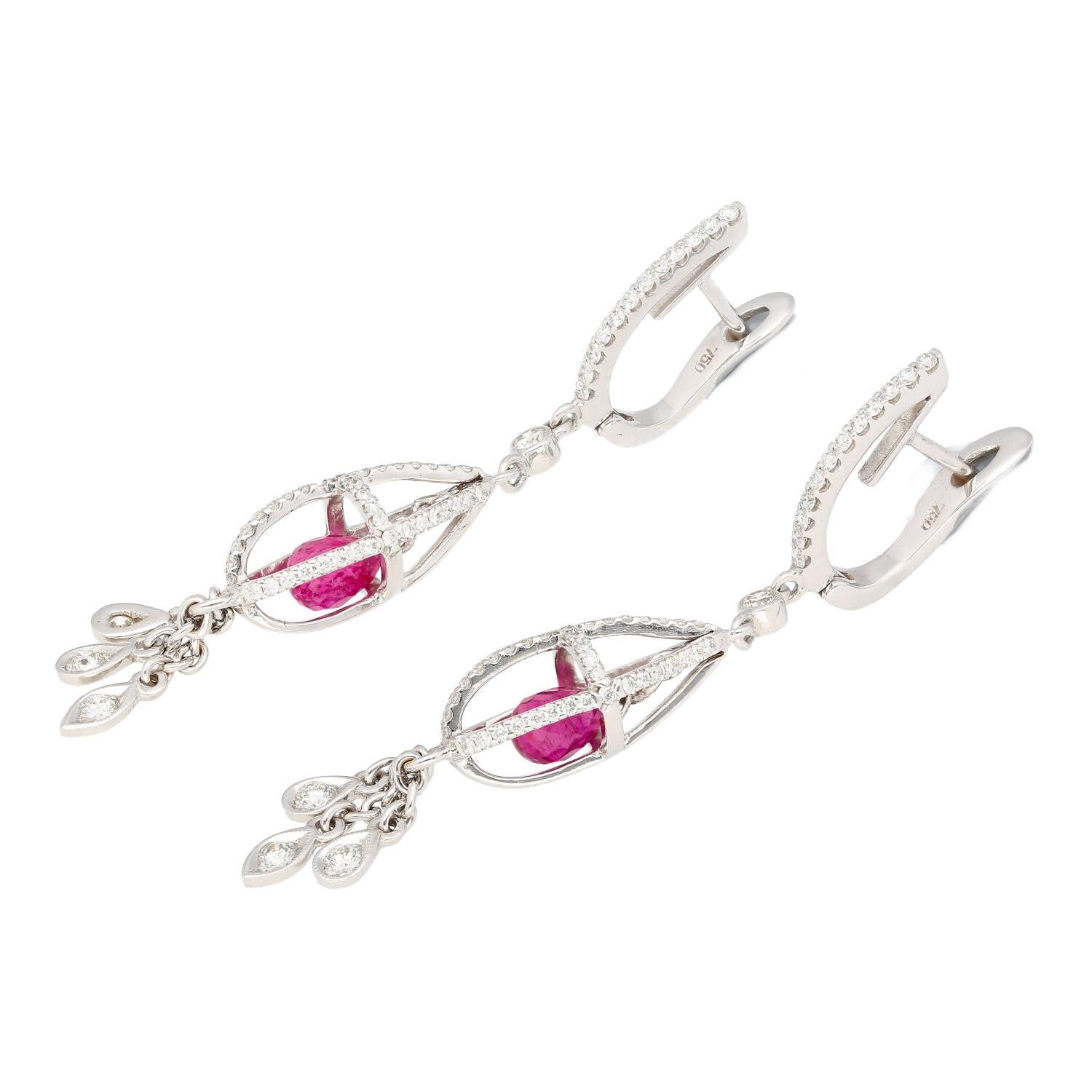 Belle Époque 1.40 Carat Pink Sapphire and Diamond Drop Cage Earrings in 18k White Gold For Sale