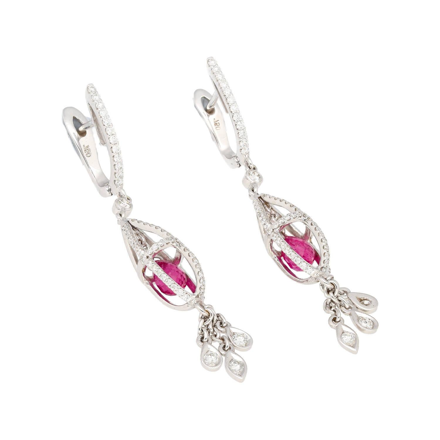 Pear Cut 1.40 Carat Pink Sapphire and Diamond Drop Cage Earrings in 18k White Gold For Sale