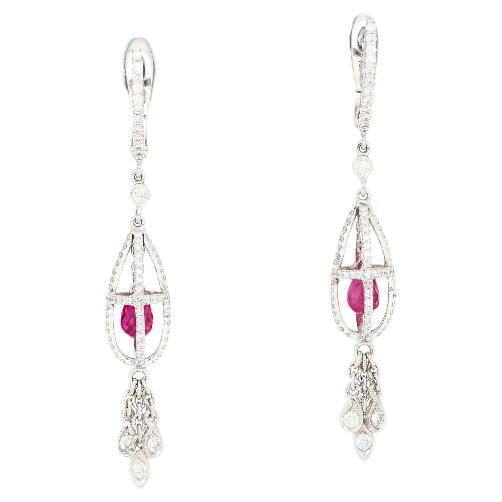 1.40 Carat Pink Sapphire and Diamond Drop Cage Earrings in 18k White Gold For Sale