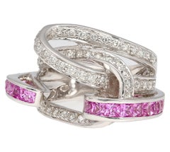 1.40 Carat Princess Pink Sapphire & Diamond Pave 18K White Gold Bypass Wave Ring