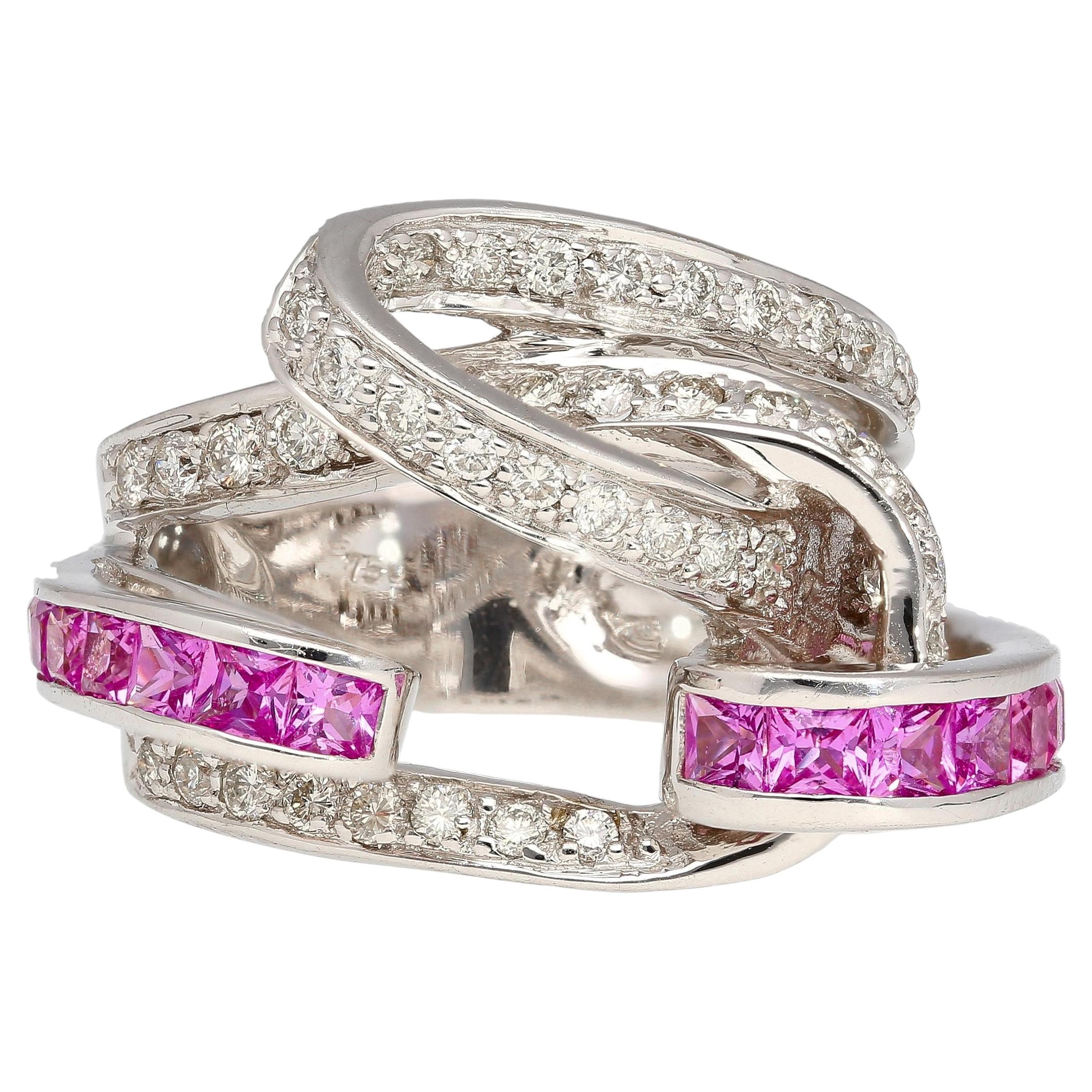 1,40 Karat Prinzessin Pink Saphir & Diamant Pave 18K Weißgold Bypass Wave Ring im Angebot