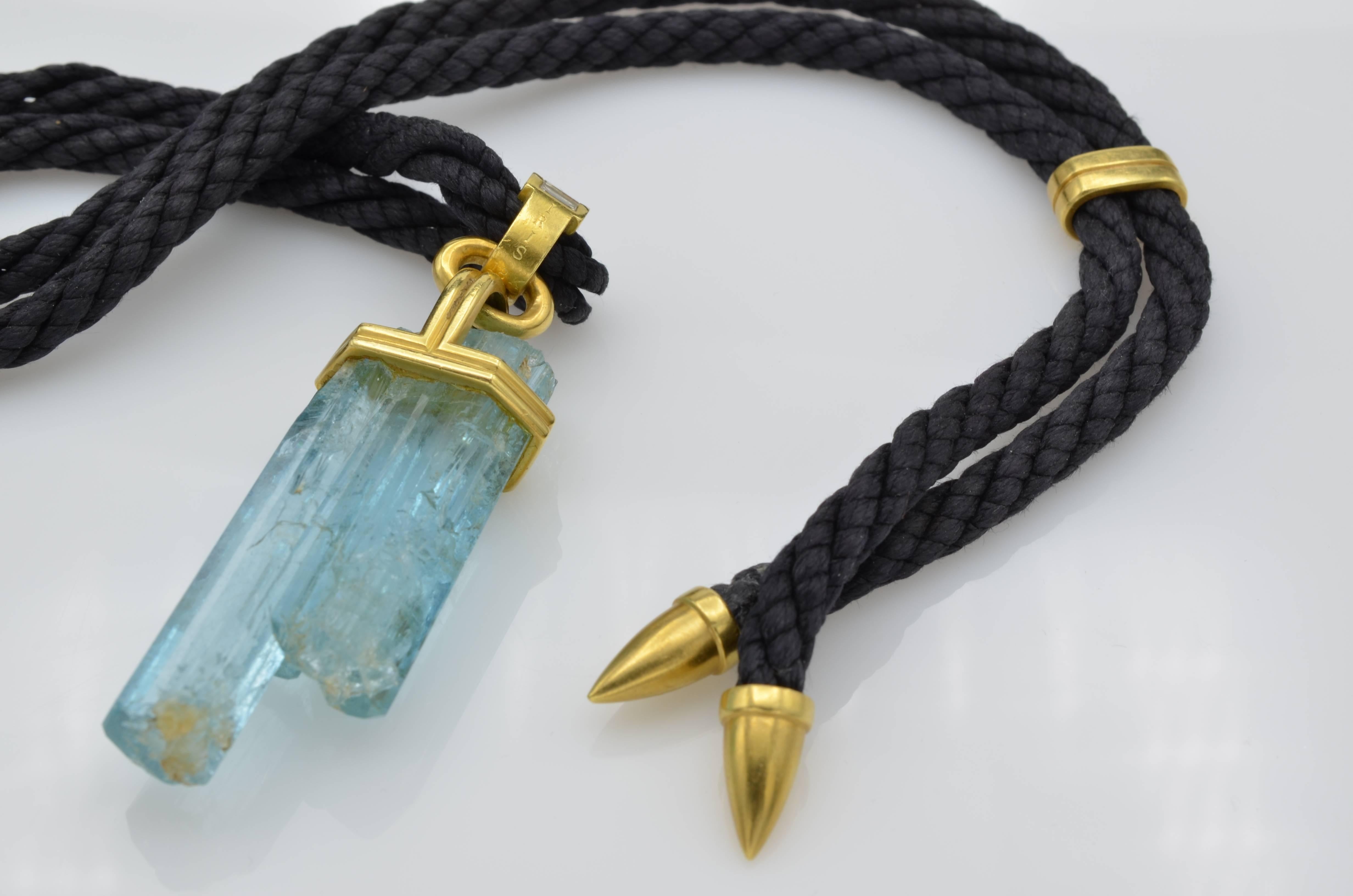 140 Carat Rough Aquamarine and Baguette Diamond Pendant Necklace in Yellow Gold In New Condition In Berkeley, CA