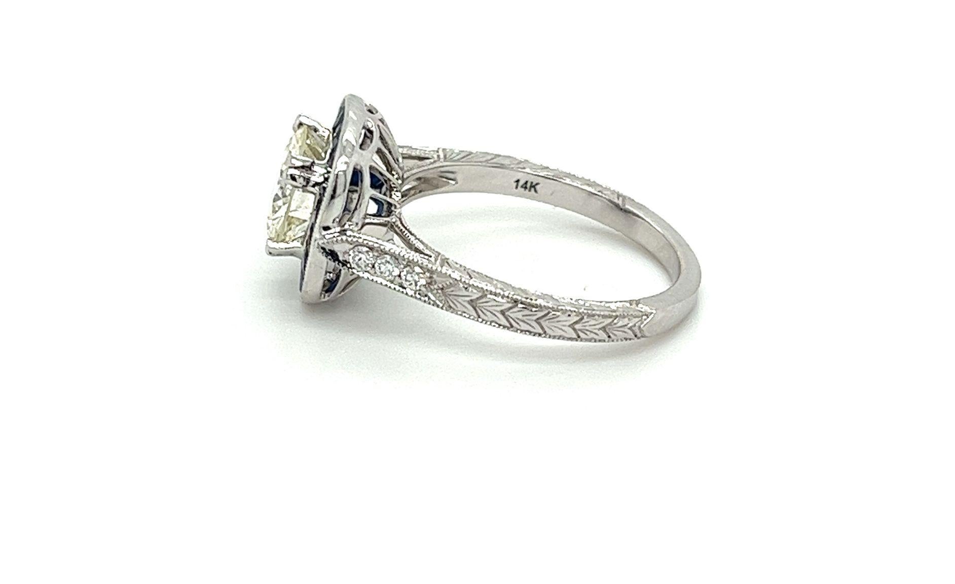 1,40 Karat Diamant im Rundschliff mit blauem Saphir-Halo-Verlobungsring mit Baguetteschliff 1