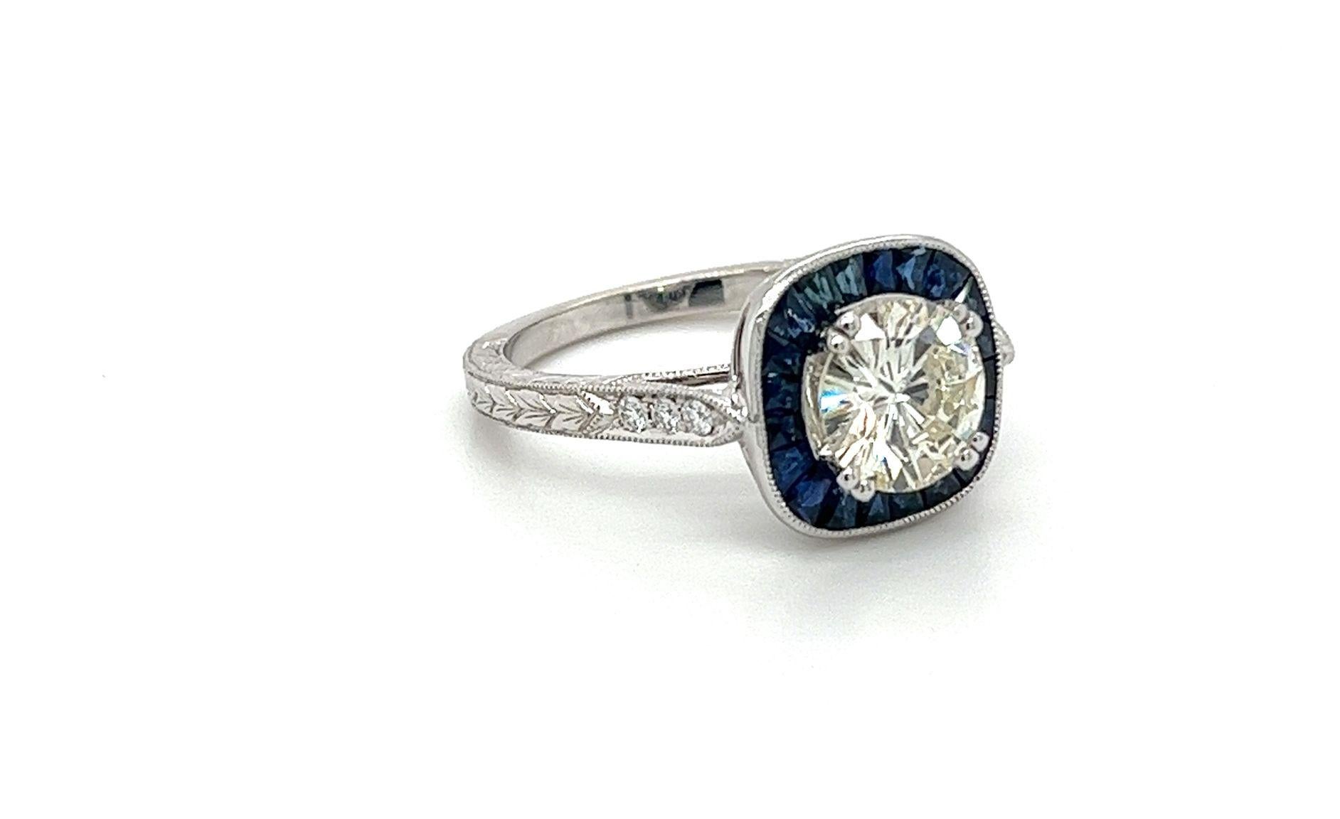 1,40 Karat Diamant im Rundschliff mit blauem Saphir-Halo-Verlobungsring mit Baguetteschliff 2