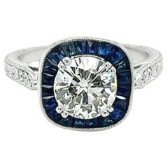 1.40 Carat Round Cut Diamond w/ Baguette Cut Blue Sapphire Halo Engagement Ring
