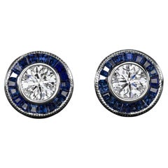 1.40 Carat Round Diamond Blue Sapphire Diamond Studs