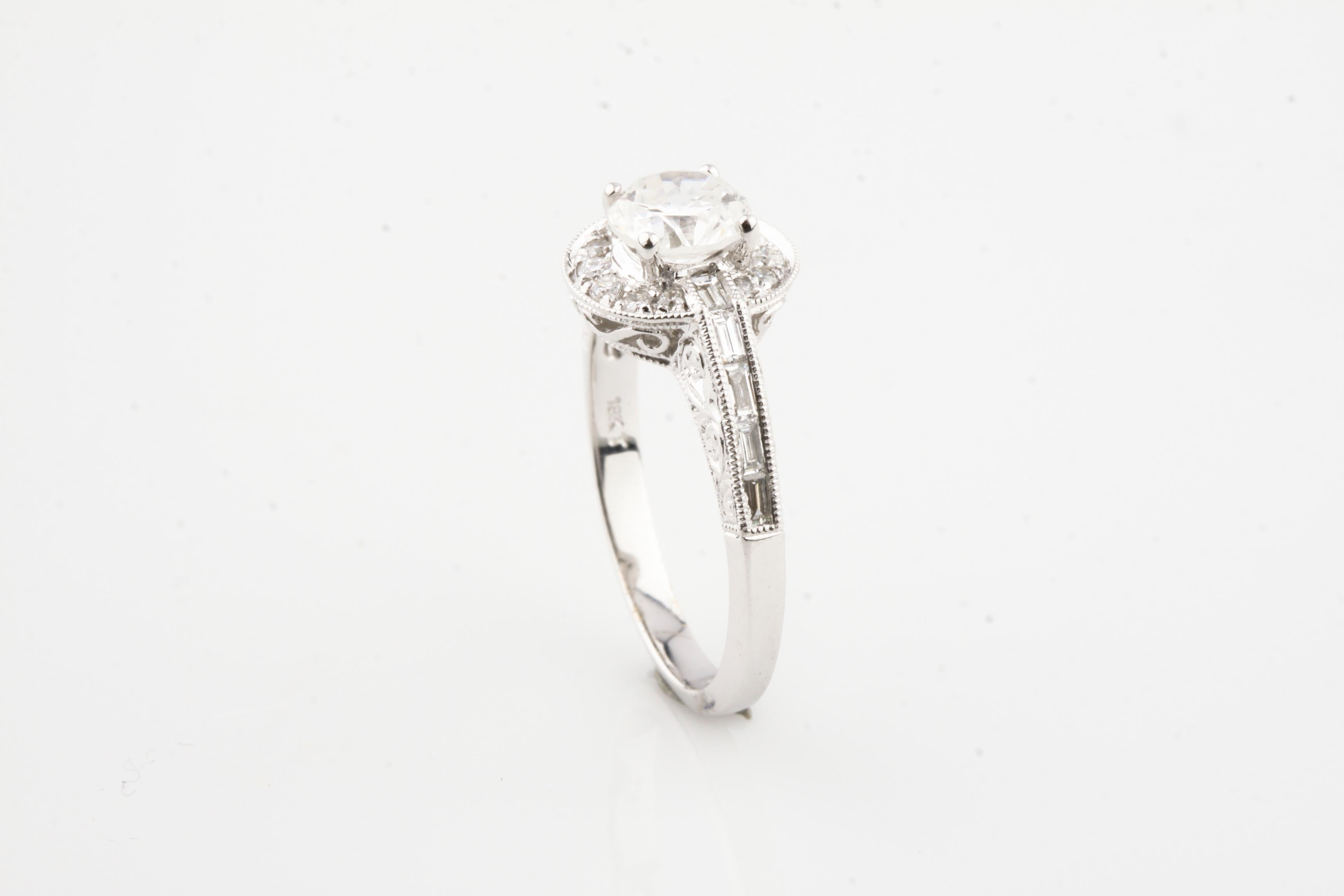 Round Cut 1.40 Carat Round Diamond Halo 18 Karat White Gold Engagement Ring For Sale