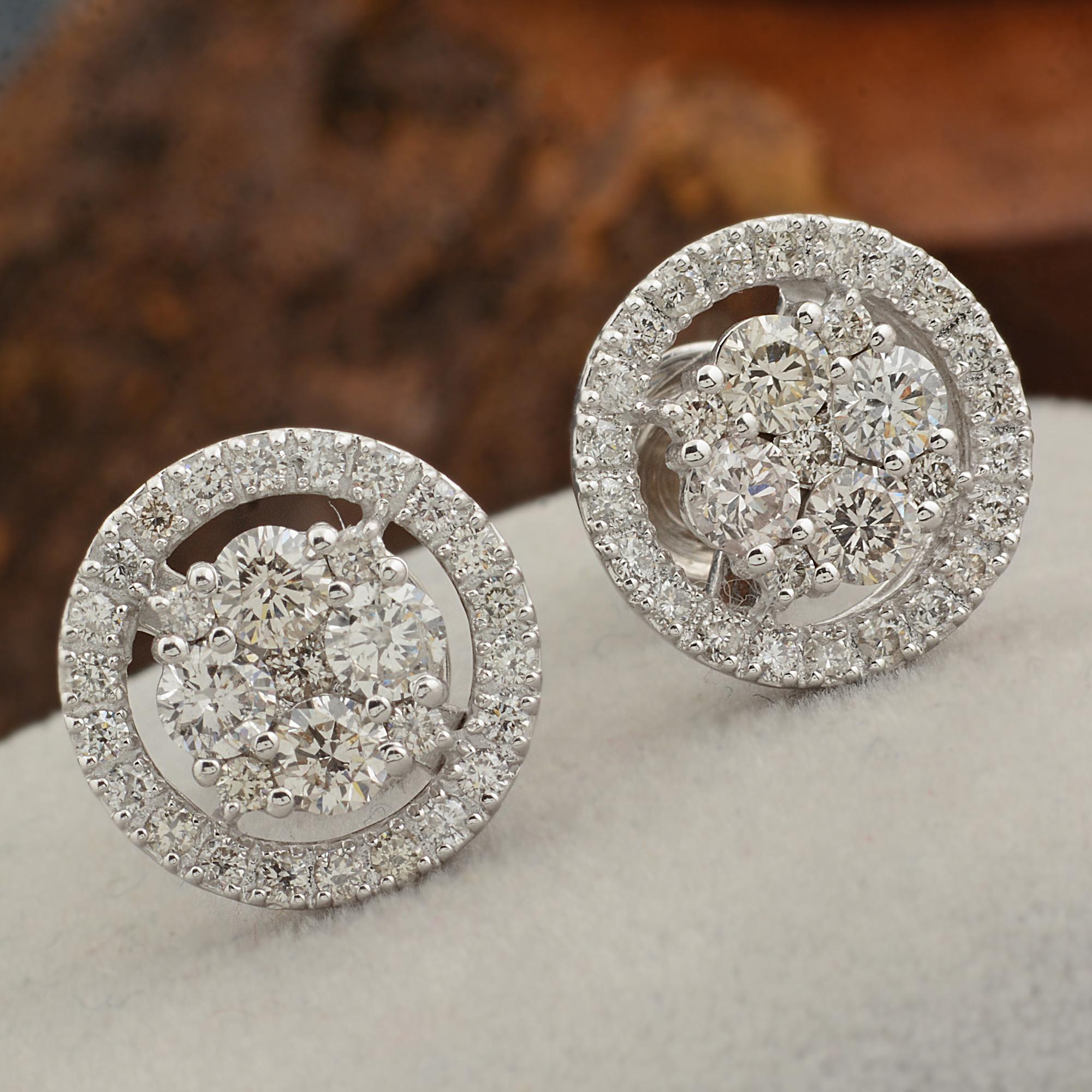 Modern 1.40 Carat Round Diamond Stud Earrings 14 Karat White Gold Handmade Fine Jewelry For Sale
