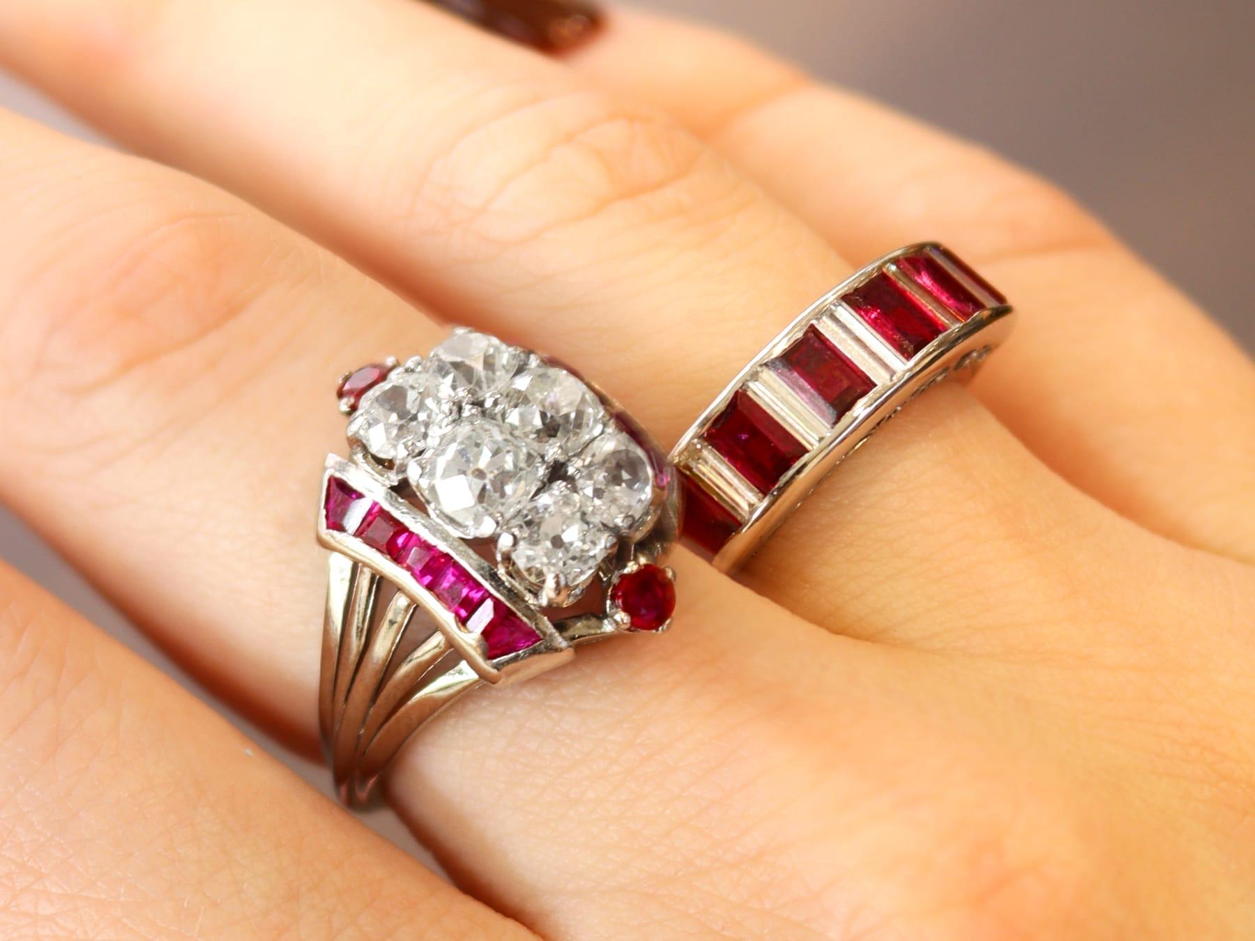 Baguette Cut 1.40 Carat Ruby and 0.55 Carat Diamond, Platinum Half Eternity Ring Circa 1990 For Sale