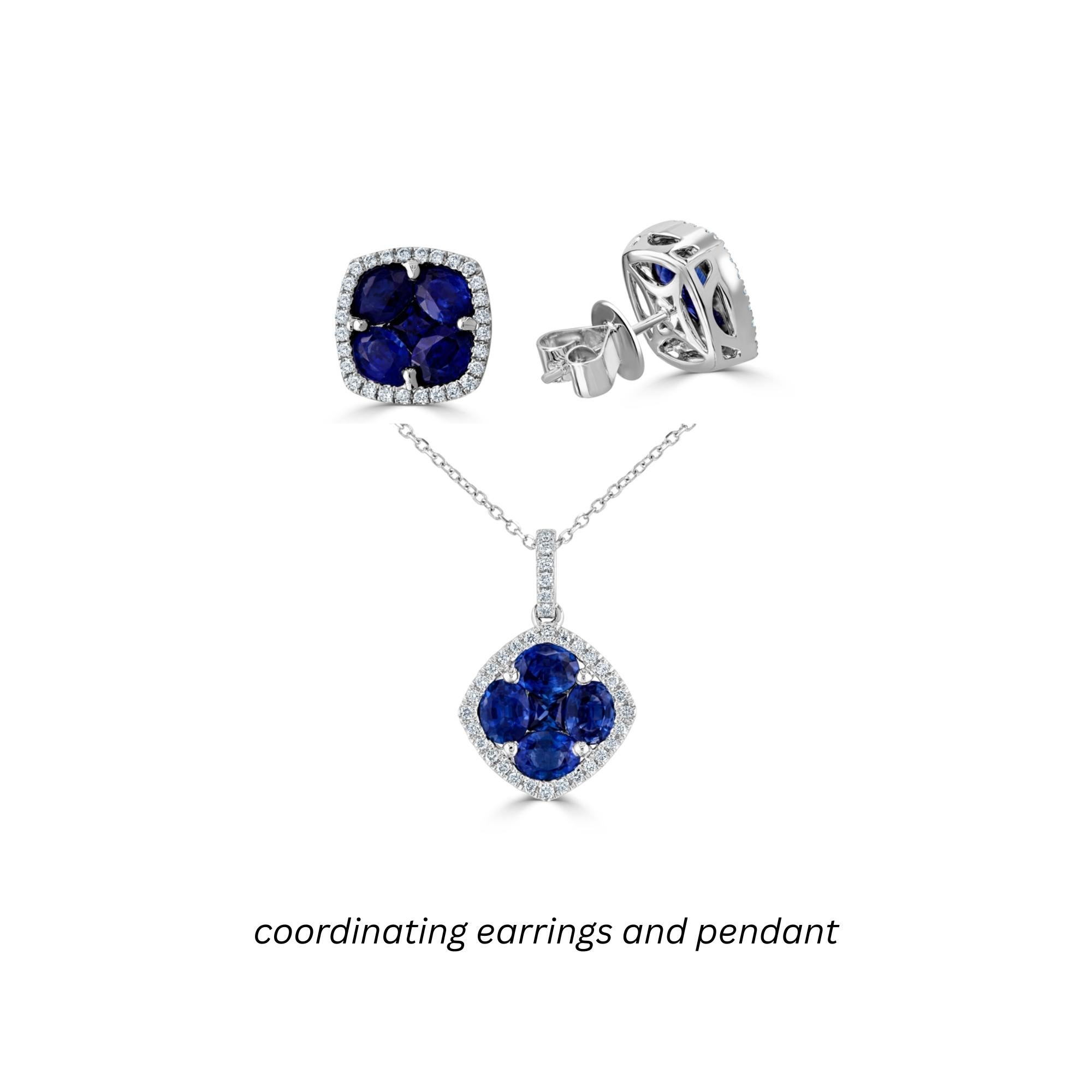 1.40 Carat Sapphire Cushion Cluster Pendant in 18W With 0.14 Ct Diamond ref523 in vendita 3