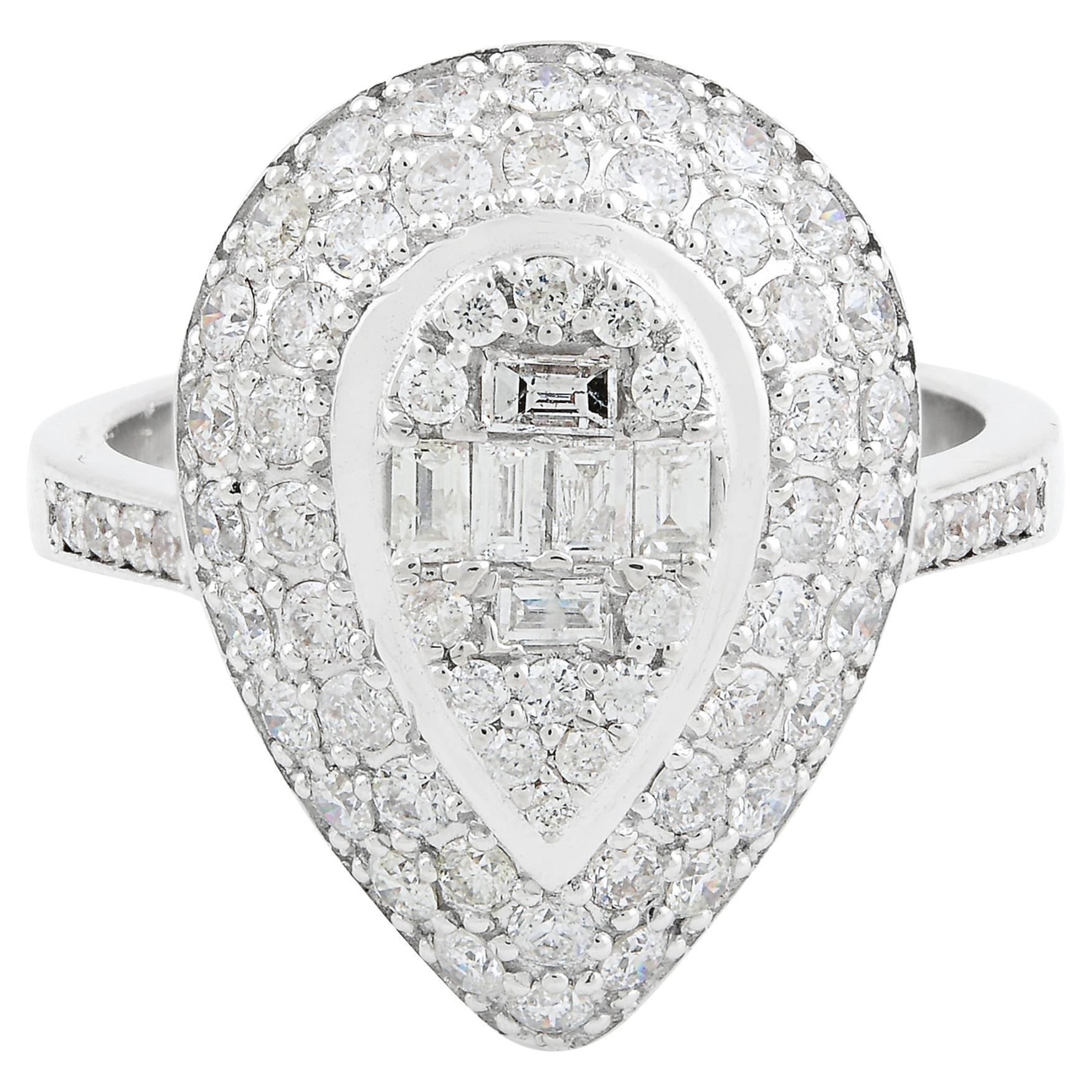 For Sale:  1.40 Carat SI Clarity HI Color Baguette Diamond Pear Ring 18 Karat White Gold