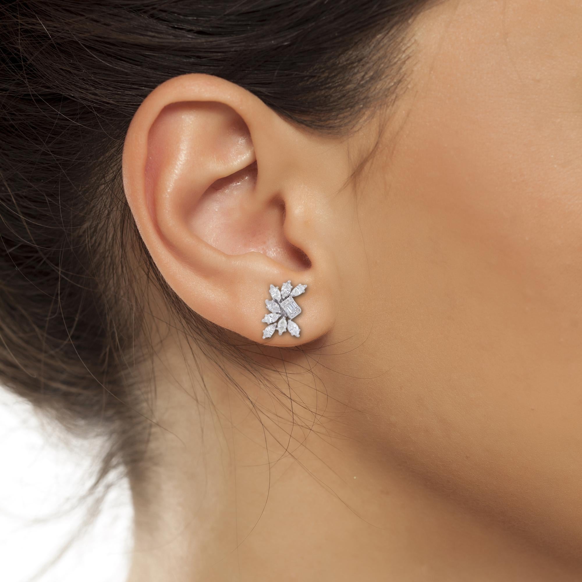 Modern 1.40 Carat SI/HI Baguette Marquise Diamond Stud Earrings 18k White Gold Jewelry For Sale