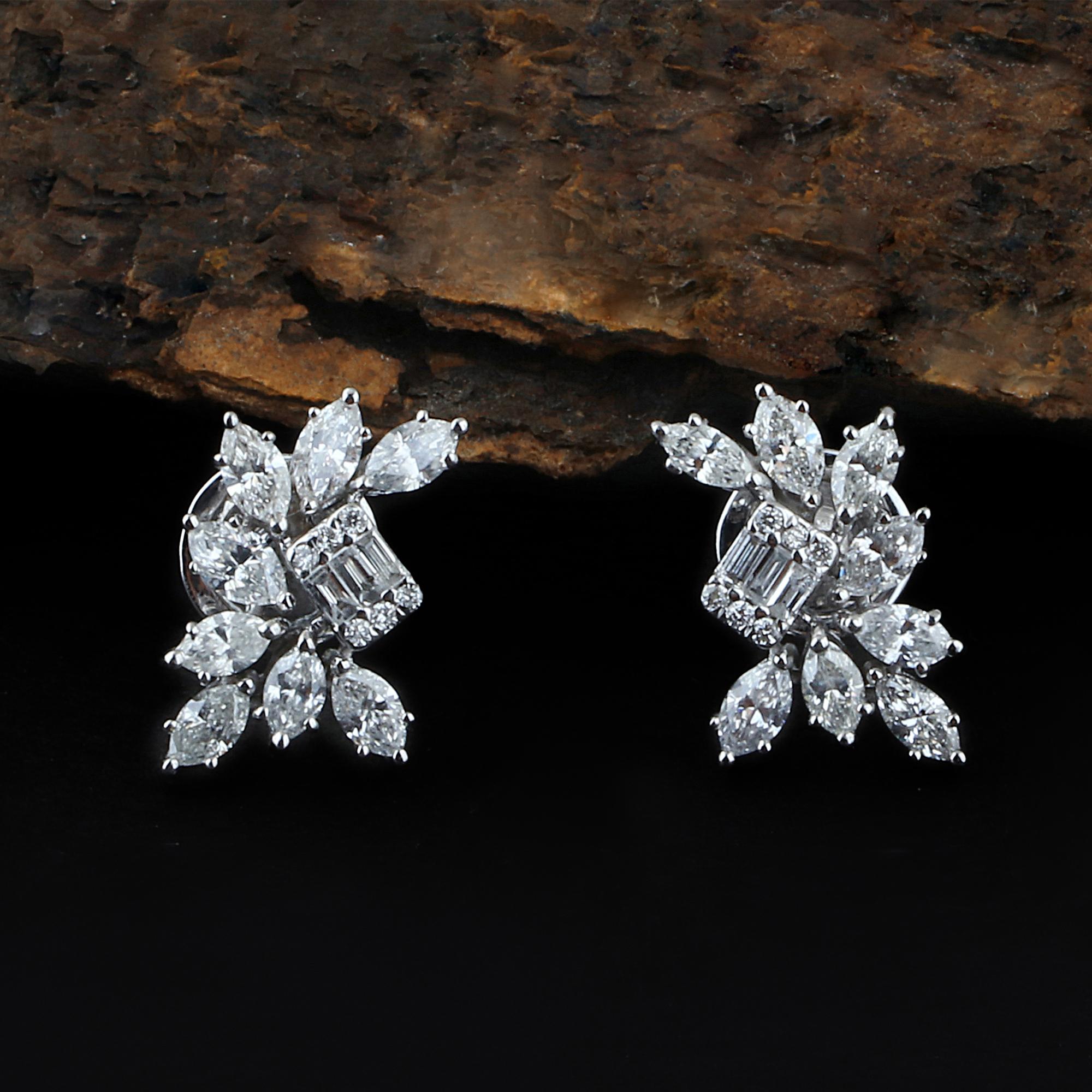 Baguette Cut 1.40 Carat SI/HI Baguette Marquise Diamond Stud Earrings 18k White Gold Jewelry For Sale