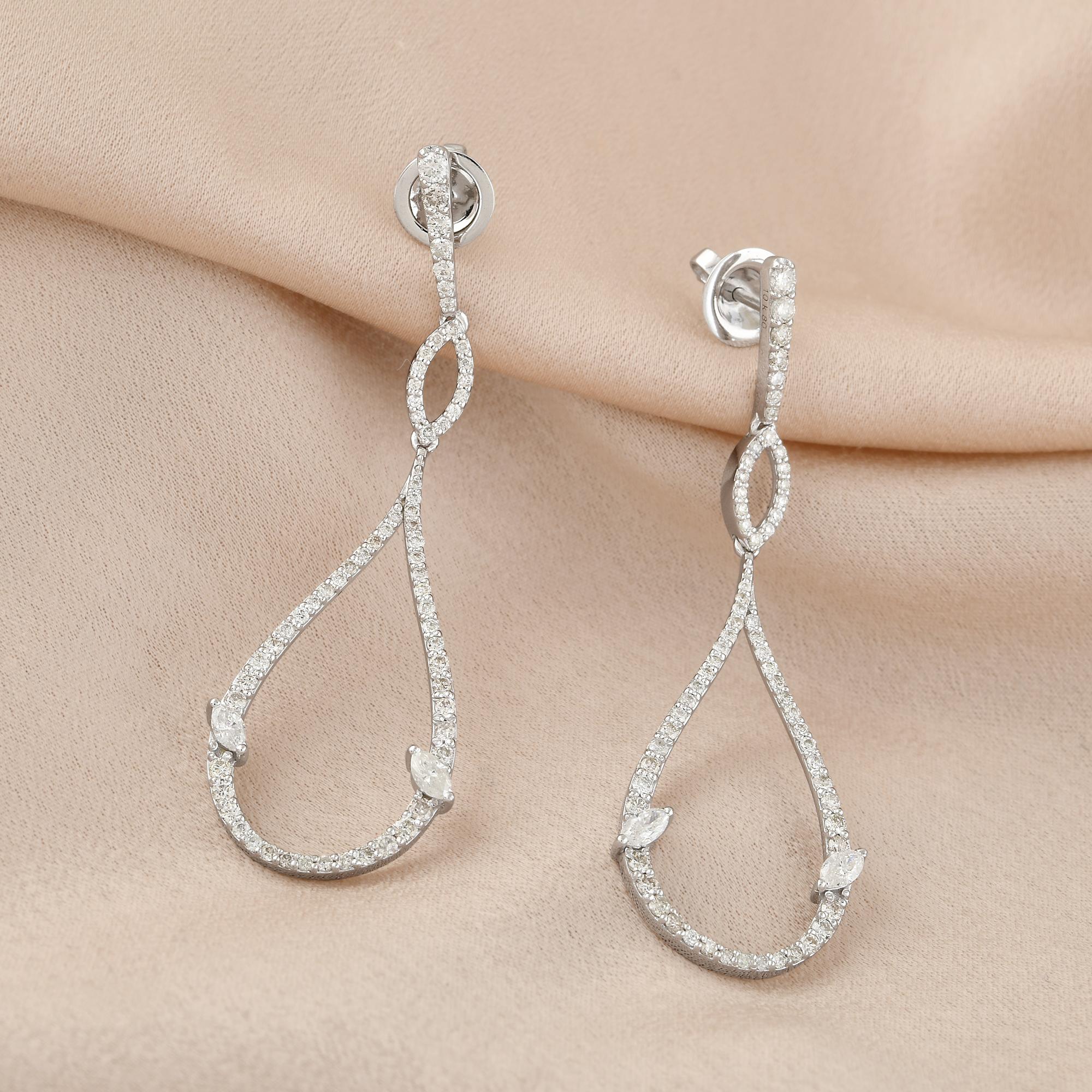 Modern 1.40 Carat SI/HI Round Marquise Diamond Fine Dangle Earrings 10 Karat White Gold For Sale