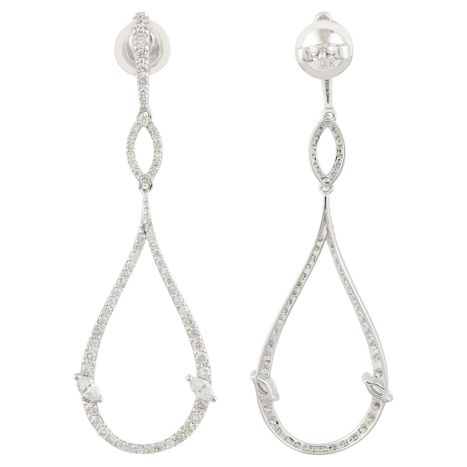 1.40 Carat SI/HI Round Marquise Diamond Fine Dangle Earrings 10 Karat White Gold For Sale