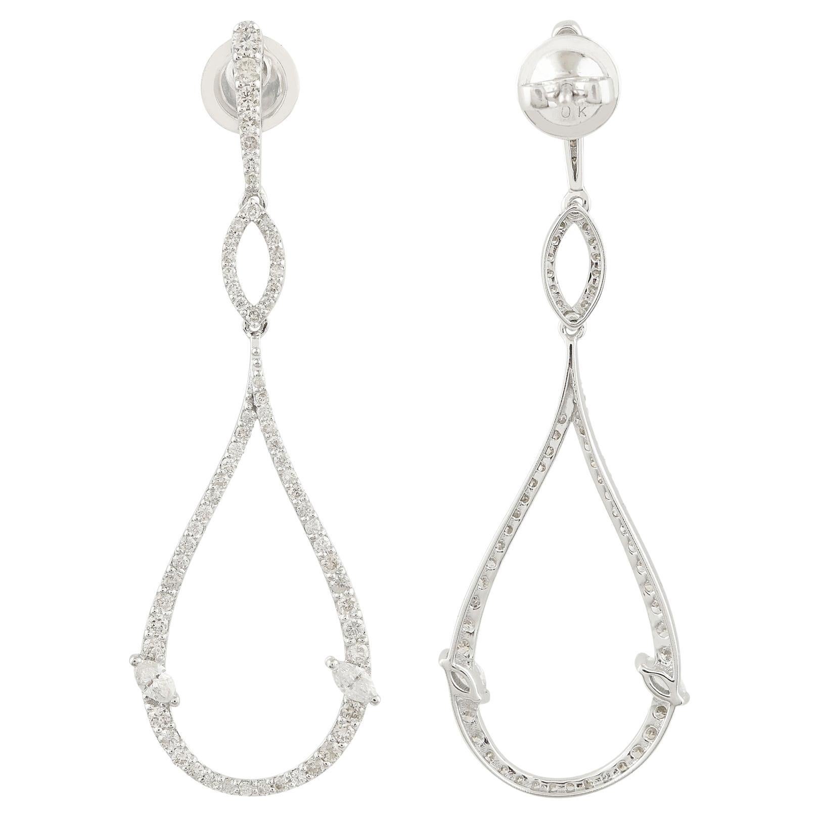 1.40 Carat SI/HI Round Marquise Diamond Fine Dangle Earrings 18 Karar White Gold For Sale