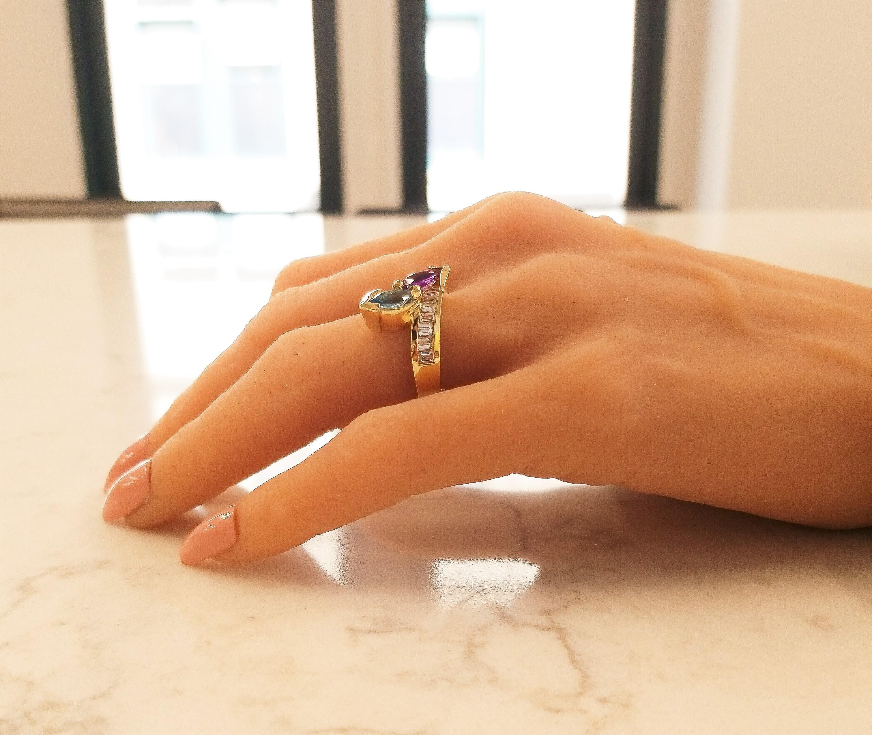 1.40 Carat Total Marquise Amethyst Blue Topaz and Baguette Diamond Cocktail Ring 2