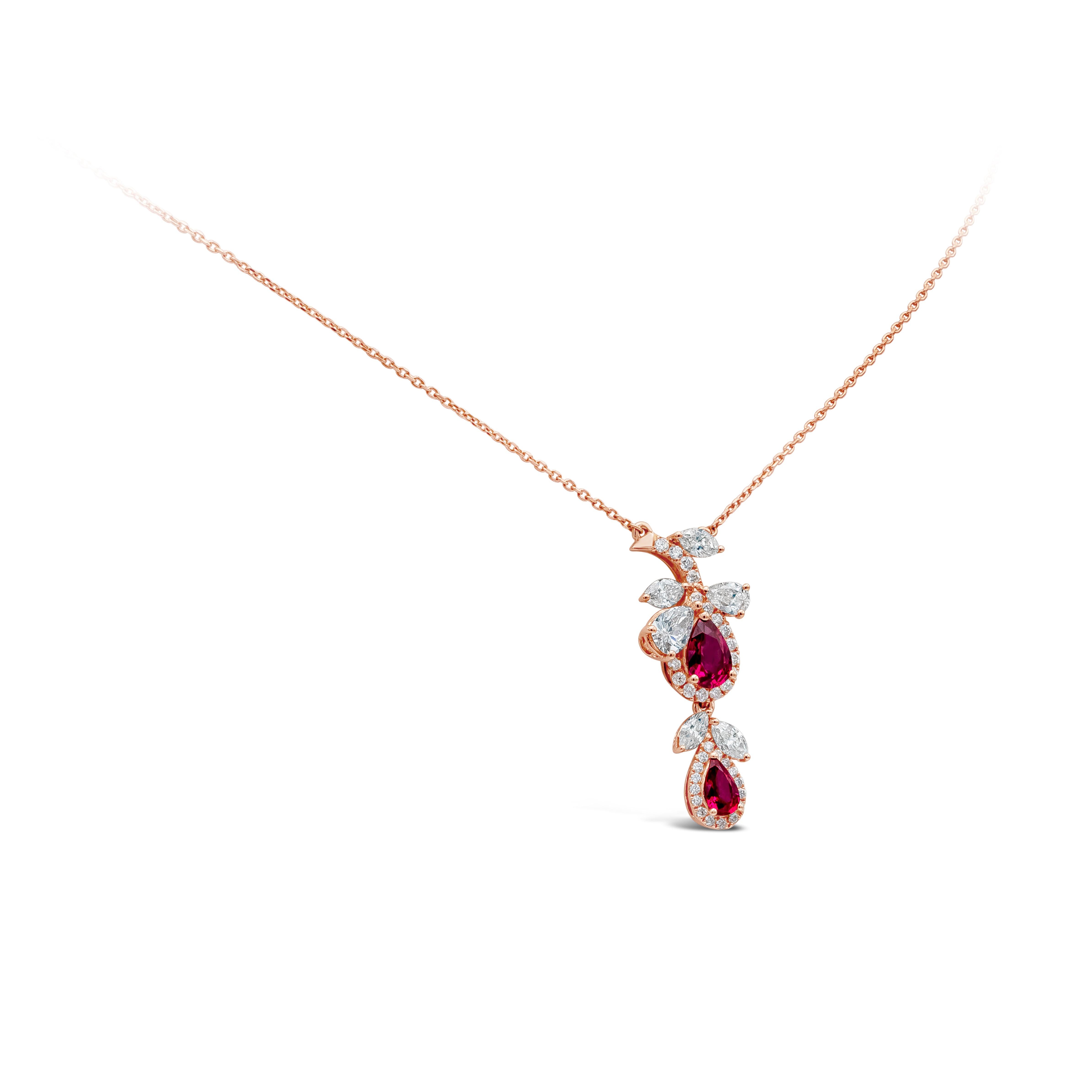 Floral motif pendant necklace featuring a vibrant pear shape ruby approximately weighing at 0.62 carats, accented by mixed shape diamonds that weigh about 0.78 carat, FGG color and VS in clarity.
Suspended on an 18 inch rose gold chain.

Roman