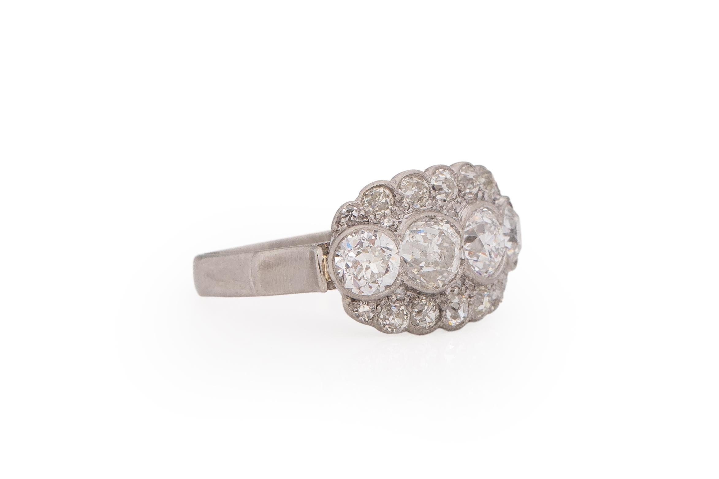 Ring Size: 5.75
Metal Type: Platinum [Hallmarked, and Tested]
Weight: 4.8 grams

Diamond Details:
Weight: 1.40carat, total weight (4 Large Center Diamonds)
Cut: Old European brilliant
Color: H-I
Clarity: SI1-2

Side Stone Details:
Weight: .50carat,