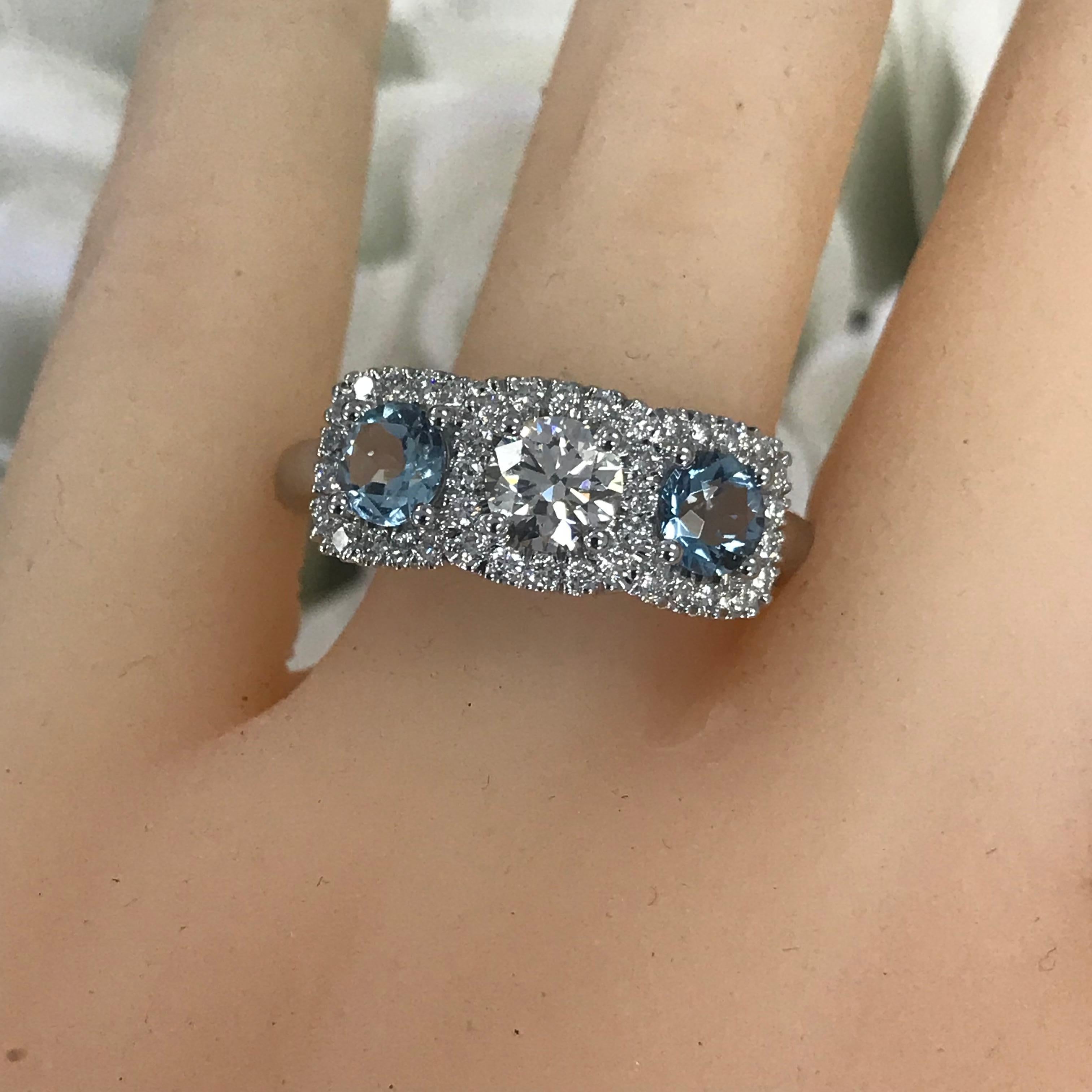 Modern 1.40 Carat tw apprx Three Stone Diamond and Aquamarine 14k w Ring, Ben Dannie For Sale