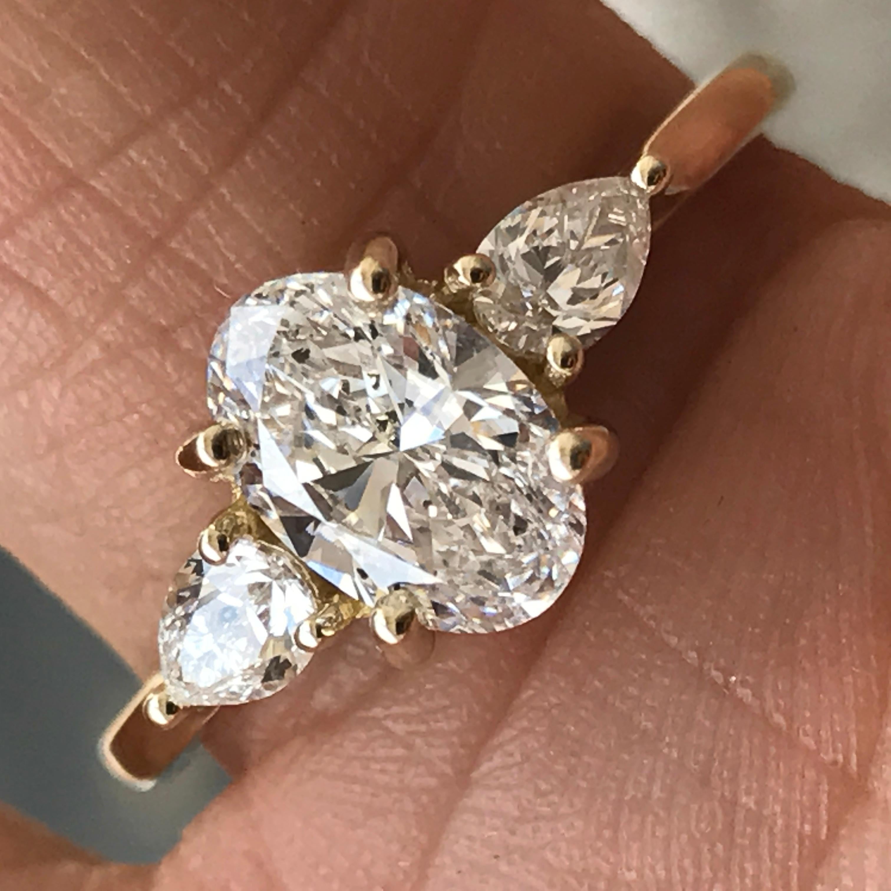 Modern 1.40 Carat TW Oval and Pear Shape 3-Stone Diamond Ring, Ben Dannie For Sale