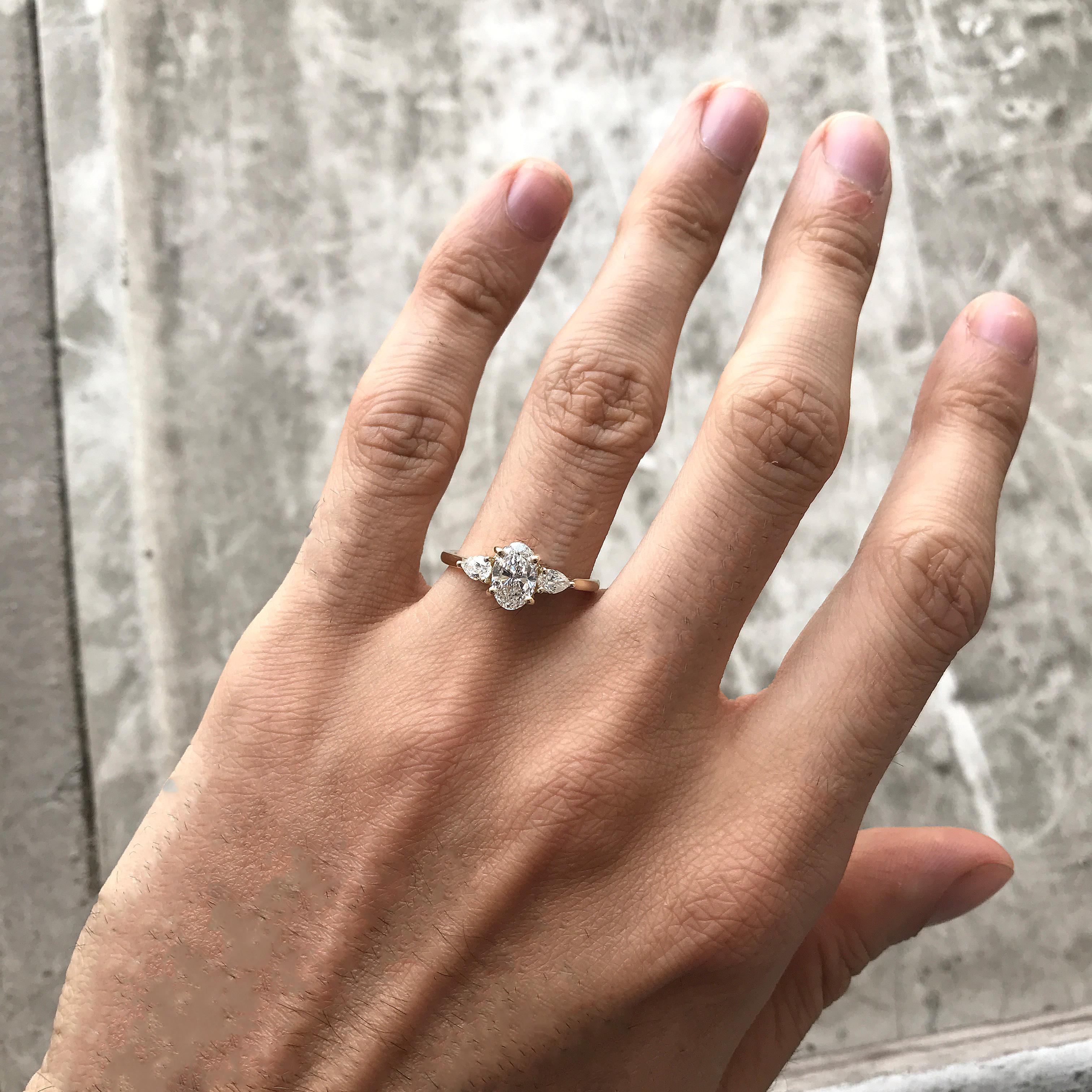 Oval Cut 1.40 Carat TW Oval and Pear Shape 3-Stone Diamond Ring, Ben Dannie For Sale