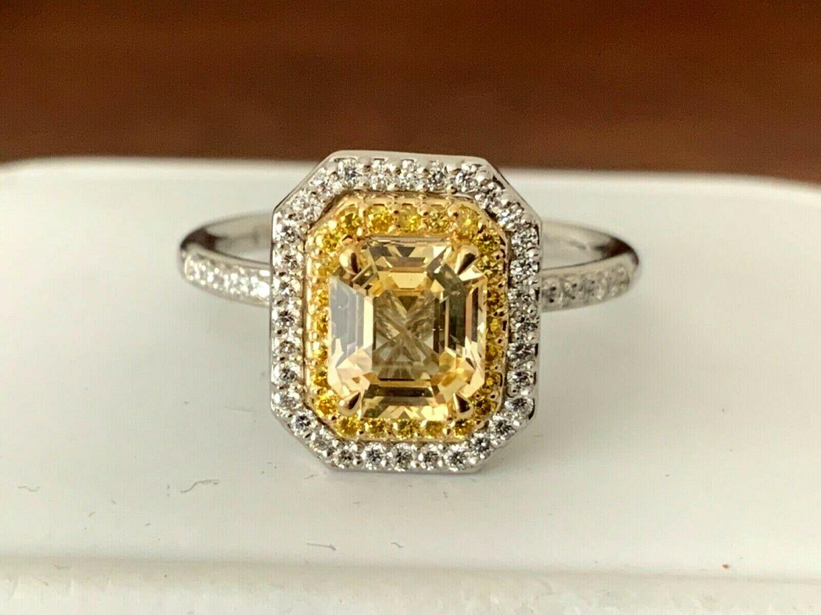 Radiant Cut 1.40 Carat Unheated Natural Yellow Sapphire and Diamond Ring GIA Certified For Sale