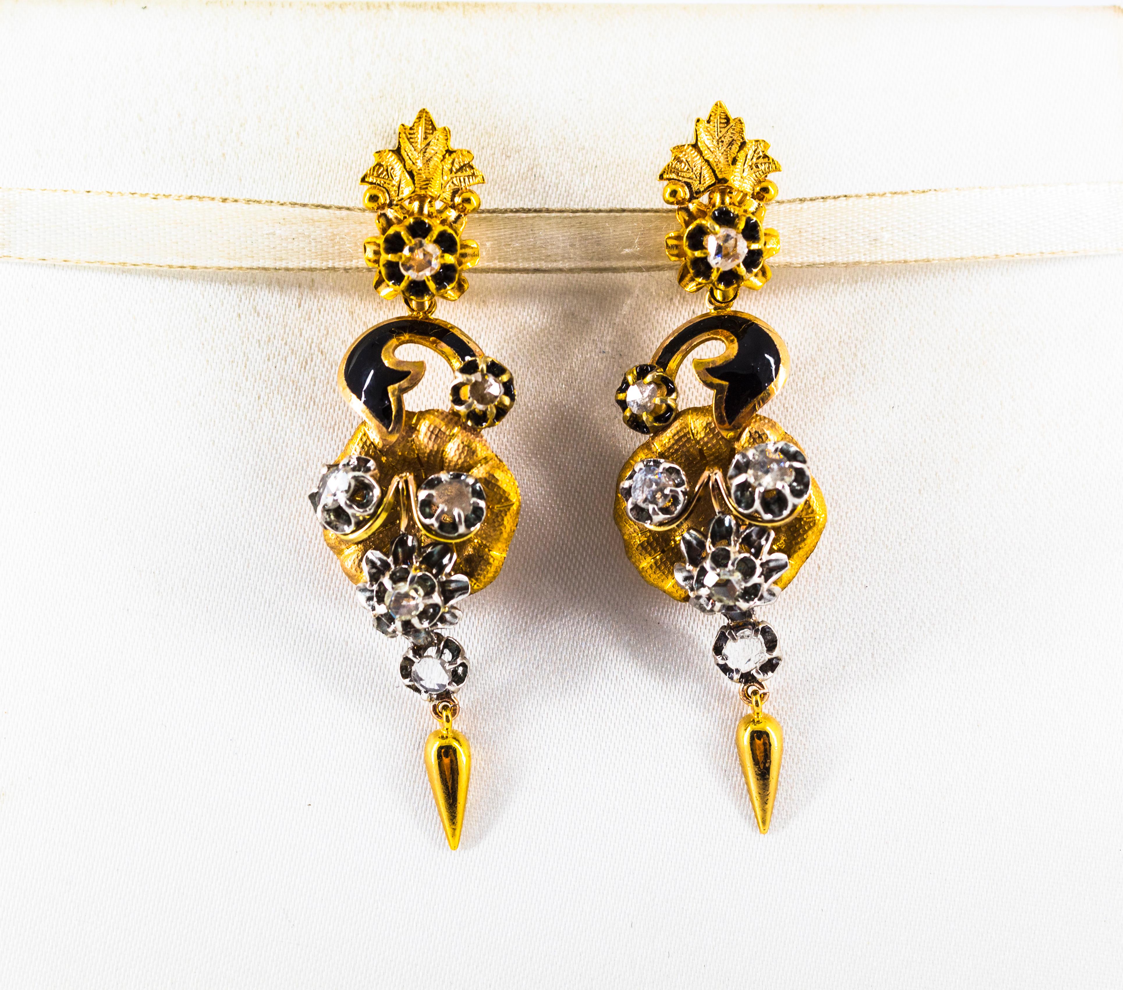These Earrings are made of 9K Yellow Gold and Sterling Silver.
These Earrings have 1.40 Carats of White Rose Cut Diamonds.
These Earrings have also Black Enamel.

All our Earrings have pins for pierced ears but we can change the closure and make any