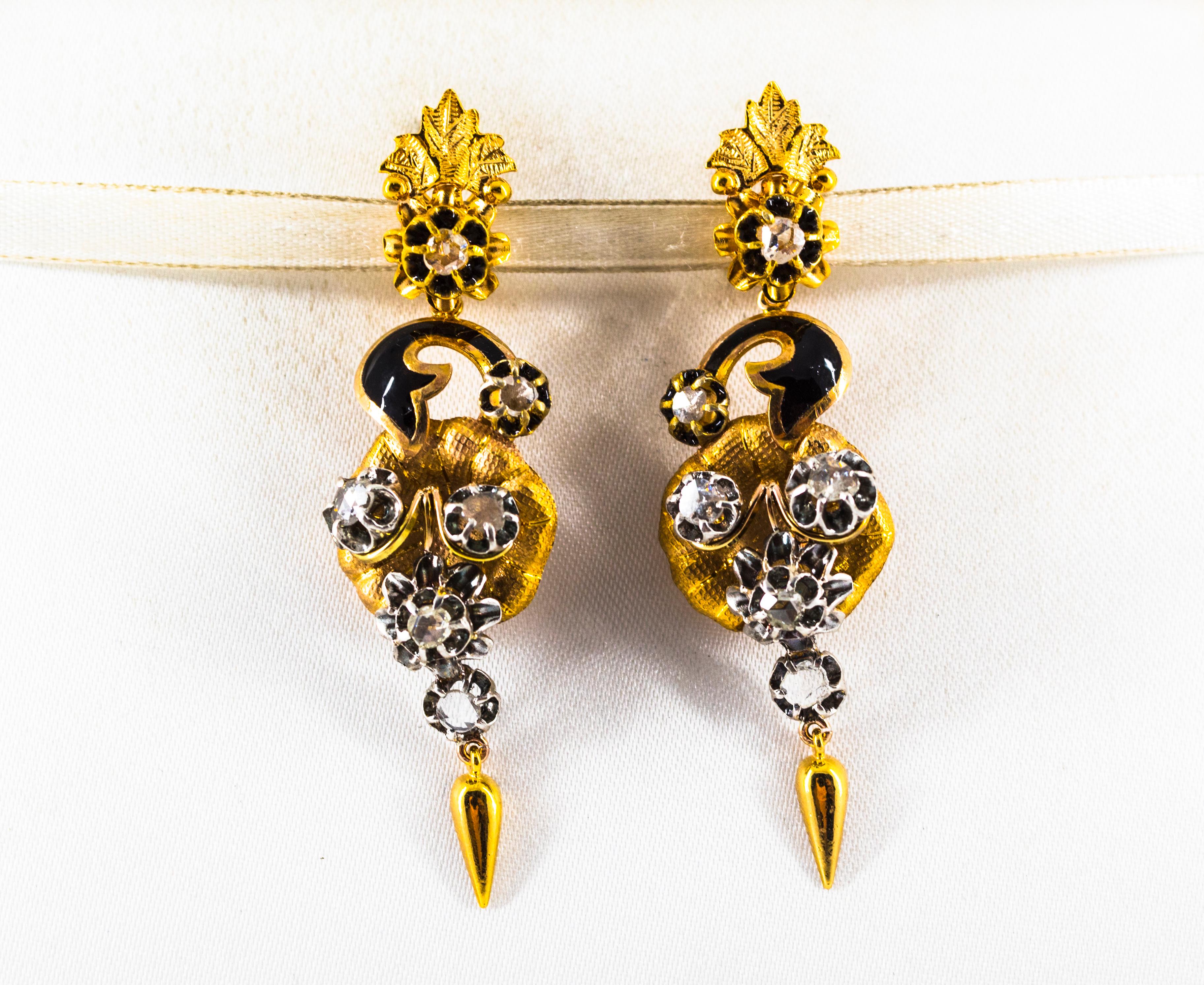 Art Nouveau 1.40 Carat White Rose Cut Diamond Enamel Yellow Gold Clip-On Flowers Earrings For Sale
