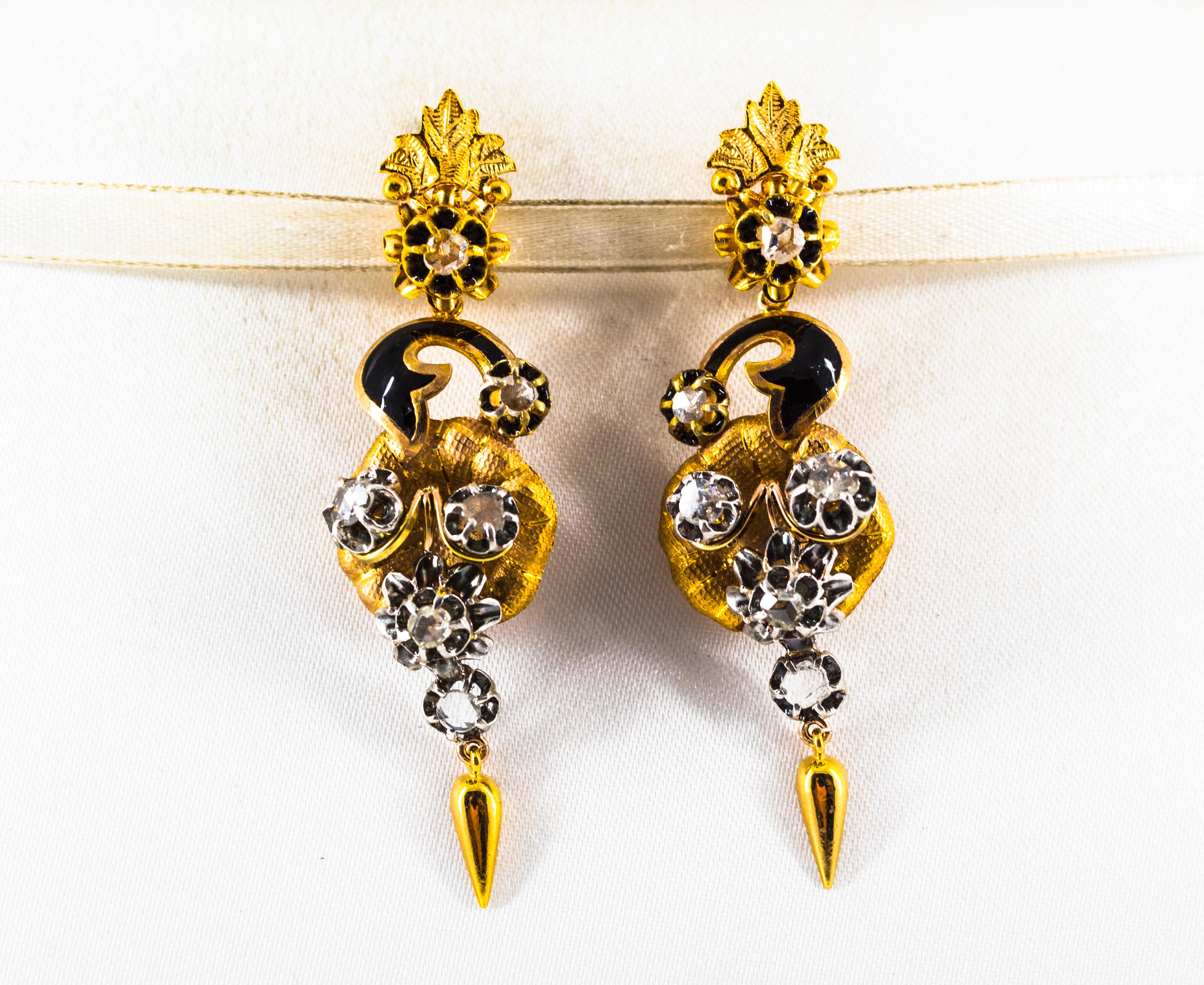 Art Nouveau 1.40 Carat White Rose Cut Diamond Enamel Yellow Gold Clip-On Flowers Earrings