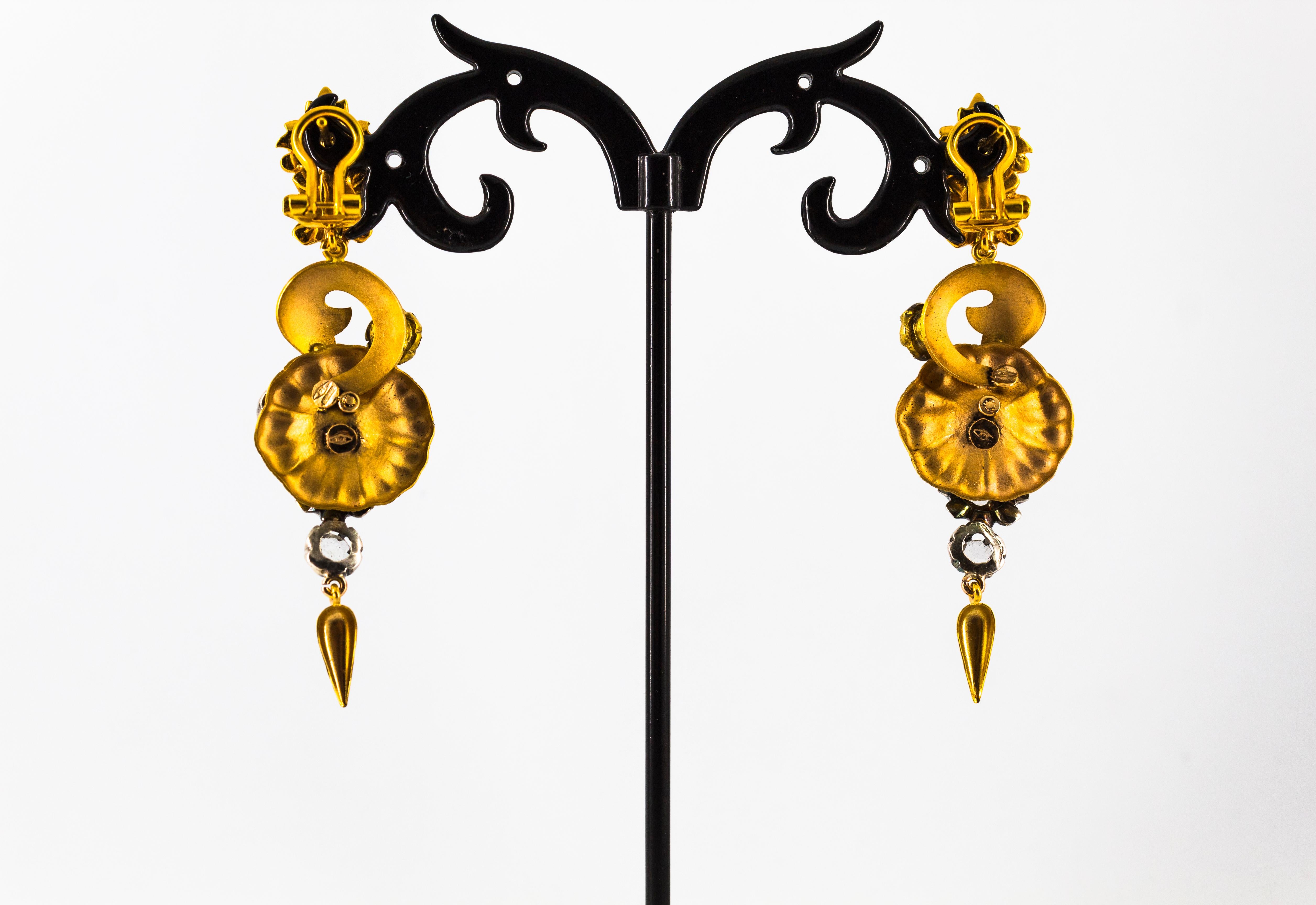 1.40 Carat White Rose Cut Diamond Enamel Yellow Gold Clip-On Flowers Earrings 3