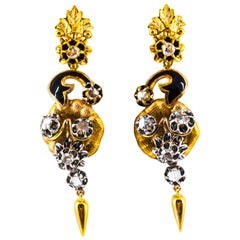 Retro 1.40 Carat White Rose Cut Diamond Enamel Yellow Gold Clip-On Flowers Earrings